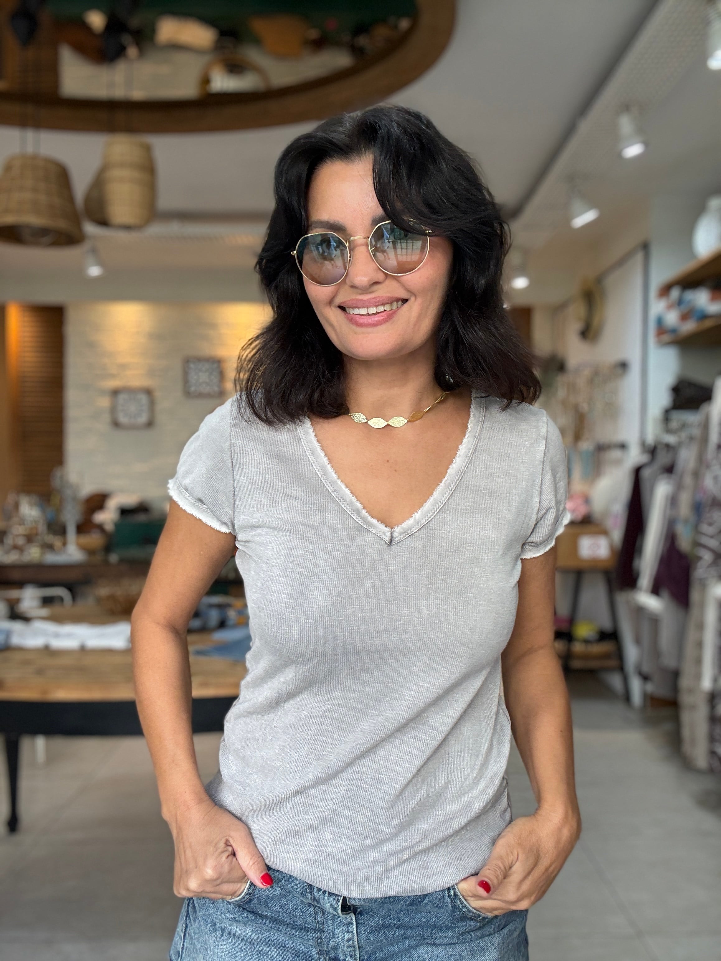 V Yaka Fitilli Basic Tshirt Vizon 