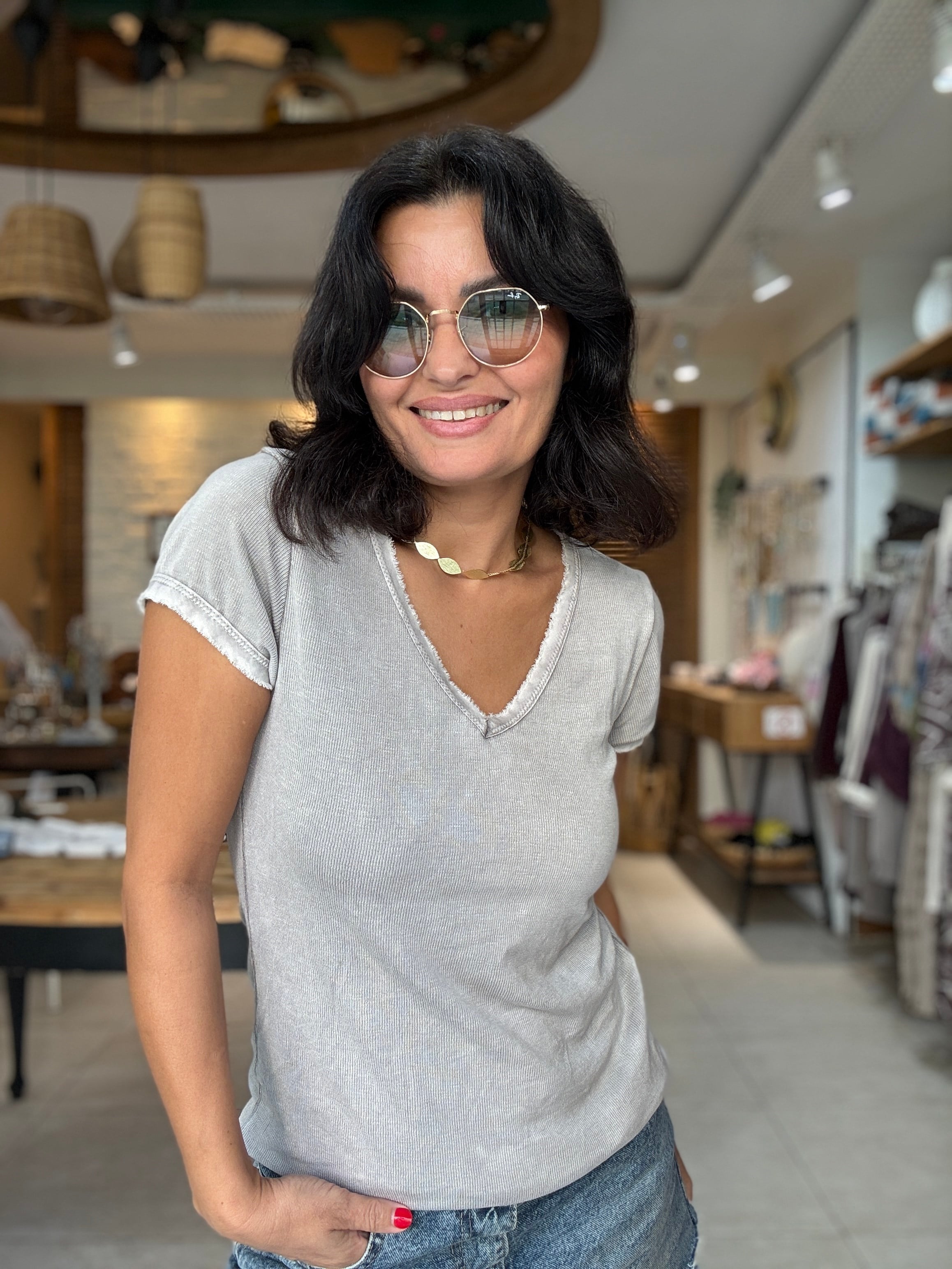 V Yaka Fitilli Basic Tshirt Vizon 