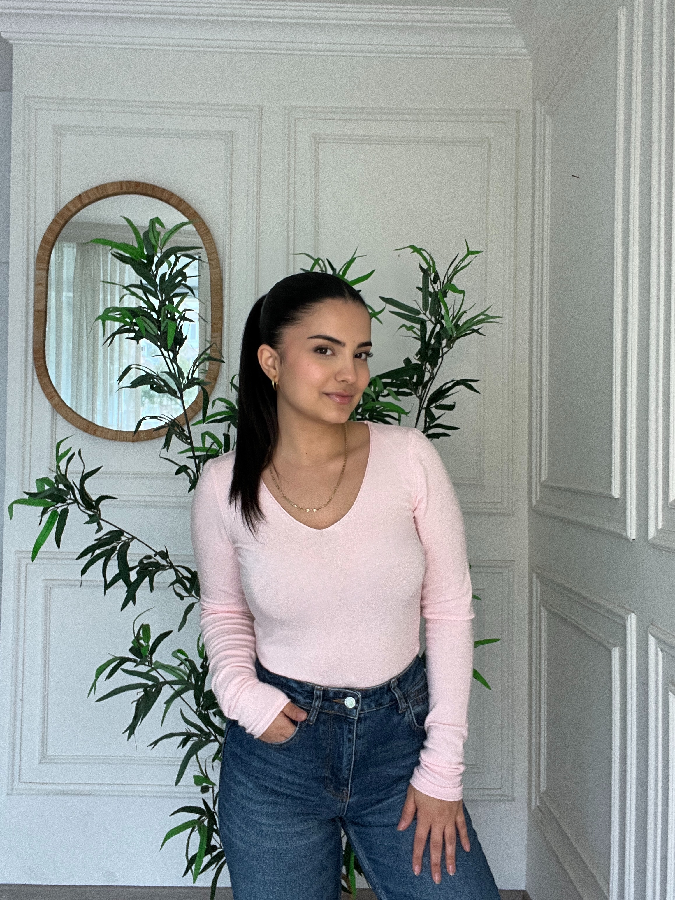 V Yaka Kaşmirli Ultra Hafif Triko Kazak Pembe