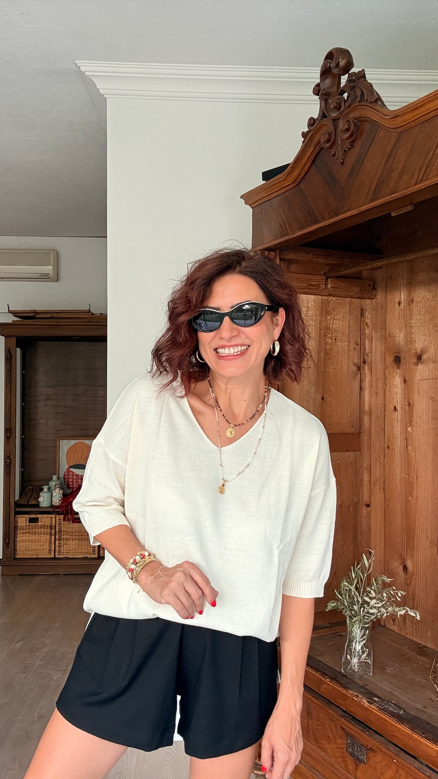 V Yaka Kısa Kollu Salaş Triko Kazak Ekru