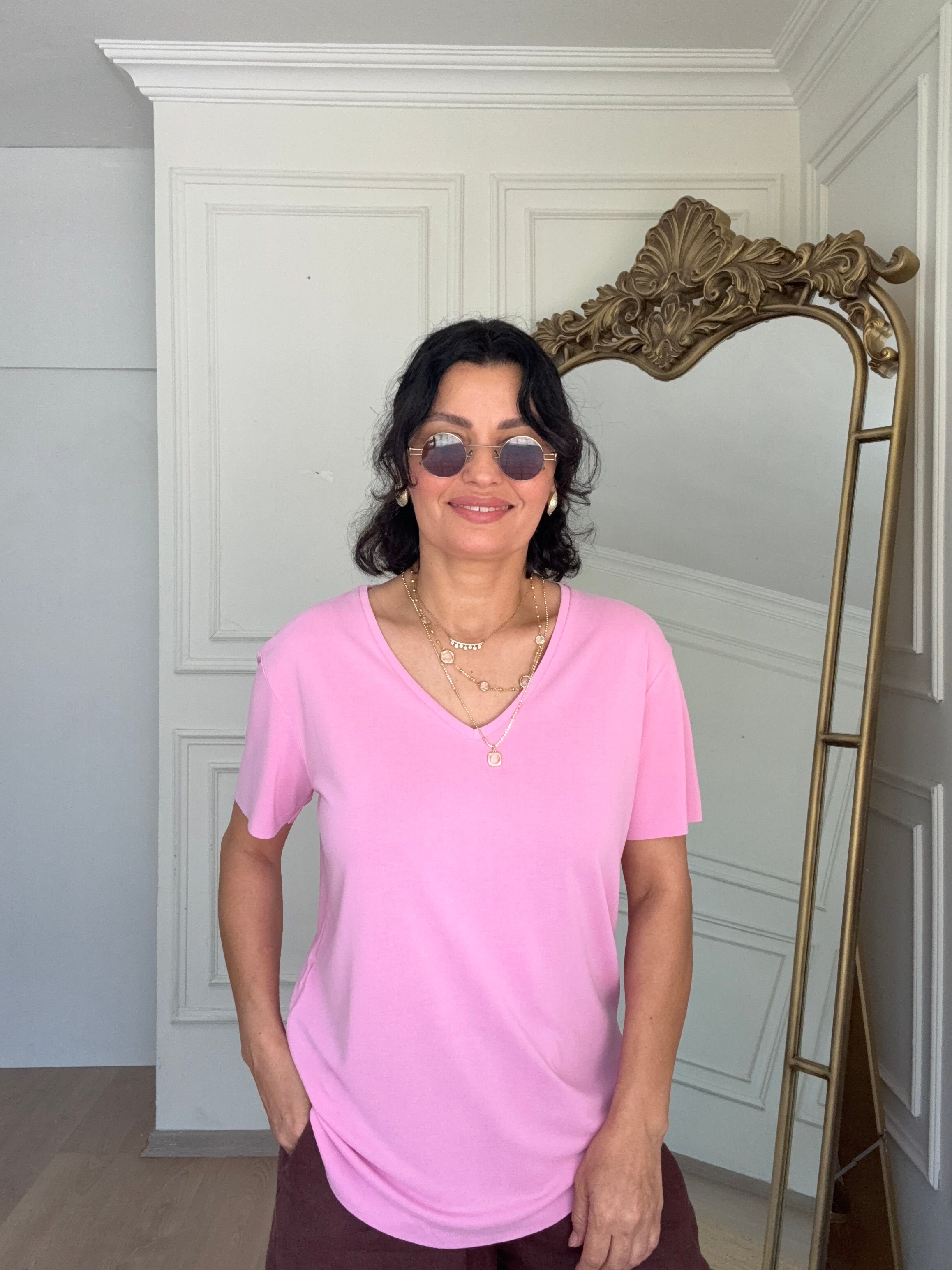 V  Yaka Modal Basıc Tshırs Pembe