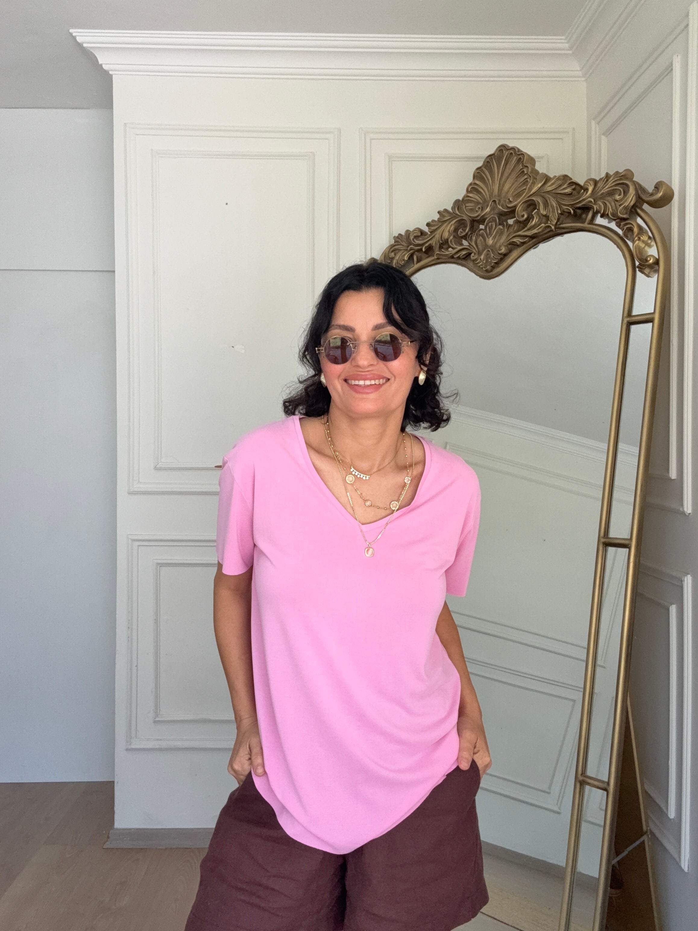 V  Yaka Modal Basıc Tshırs Pembe