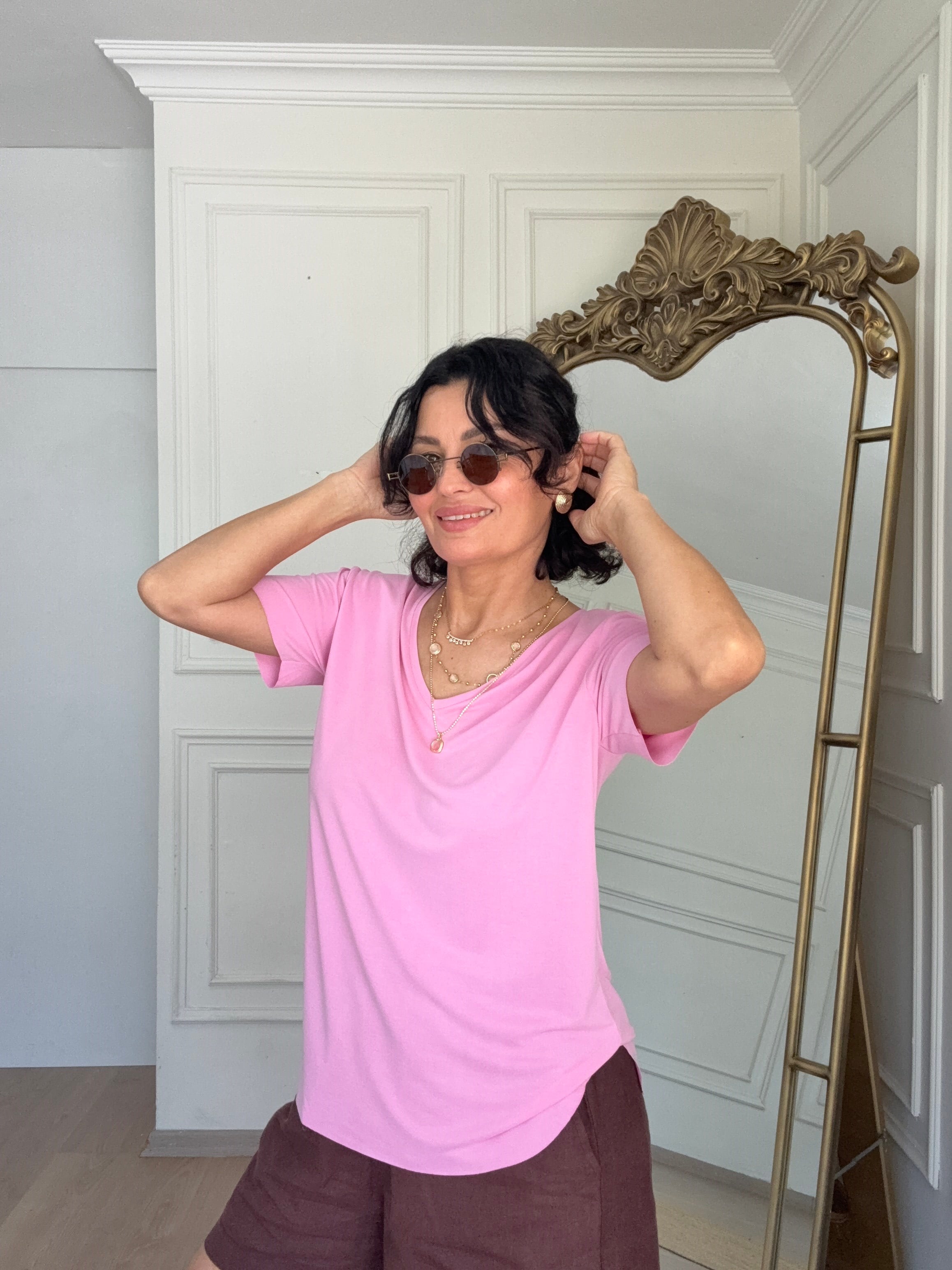 V  Yaka Modal Basıc Tshırs Pembe