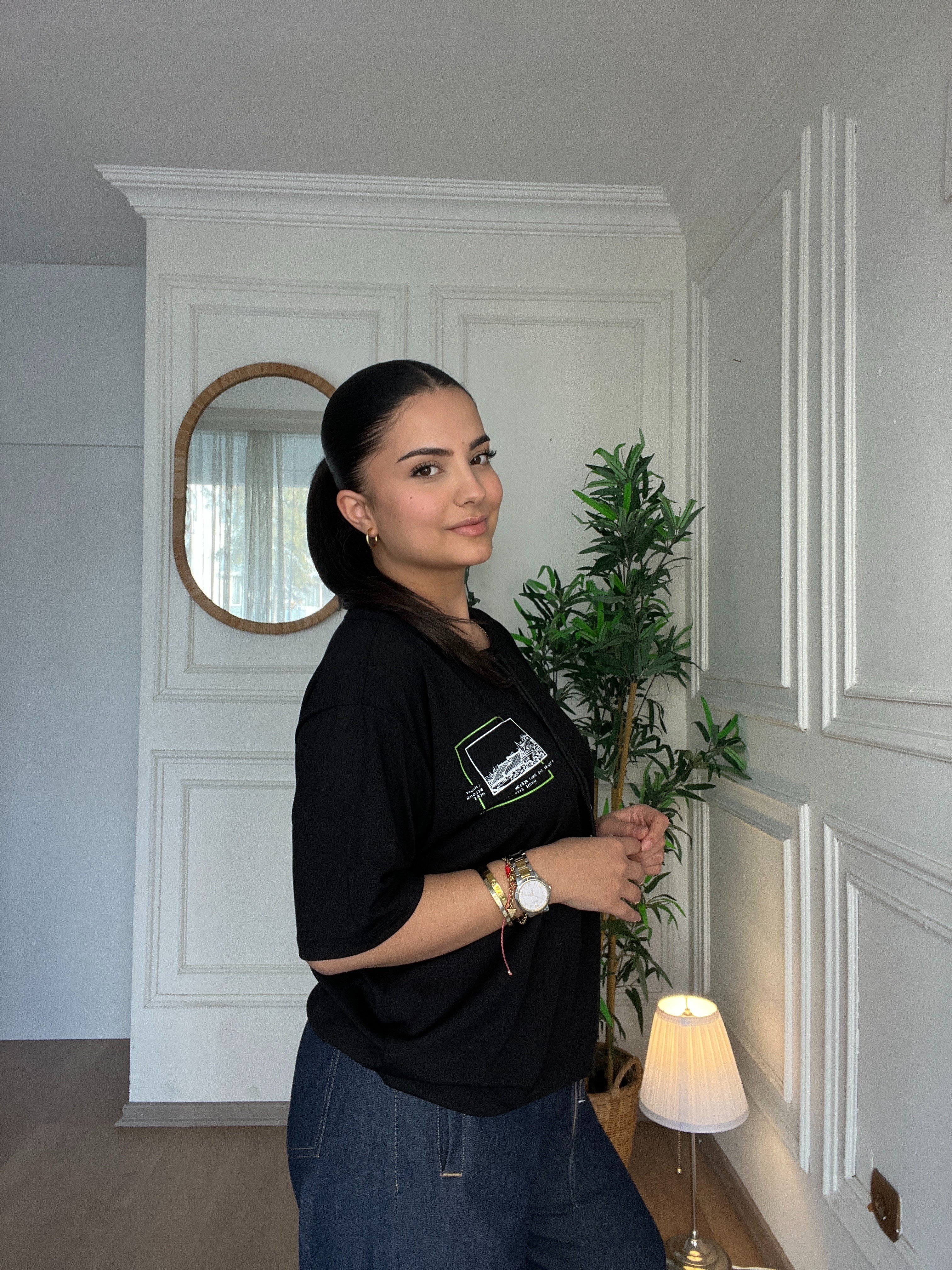 Yakası İpli Modal Kumaş Tshirt Siyah