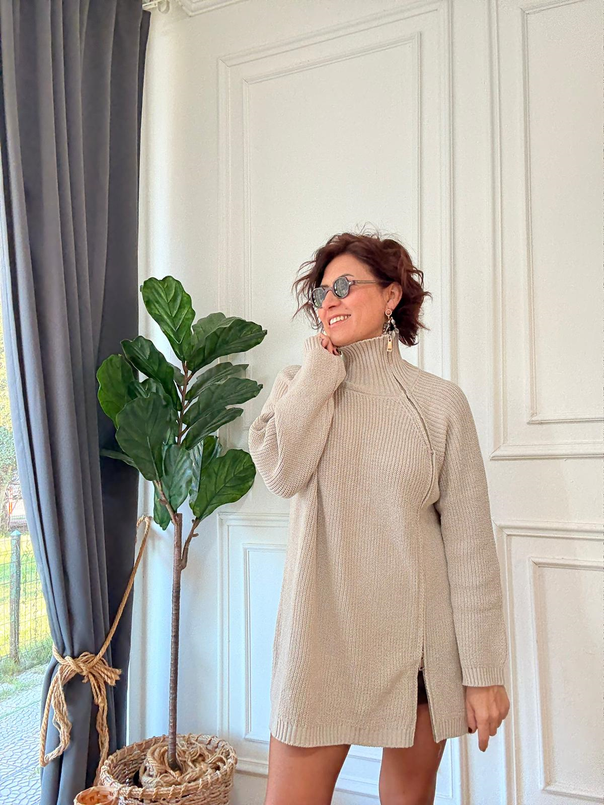 Yanı Fermuarlı Balıkçı Triko Taş Rengi