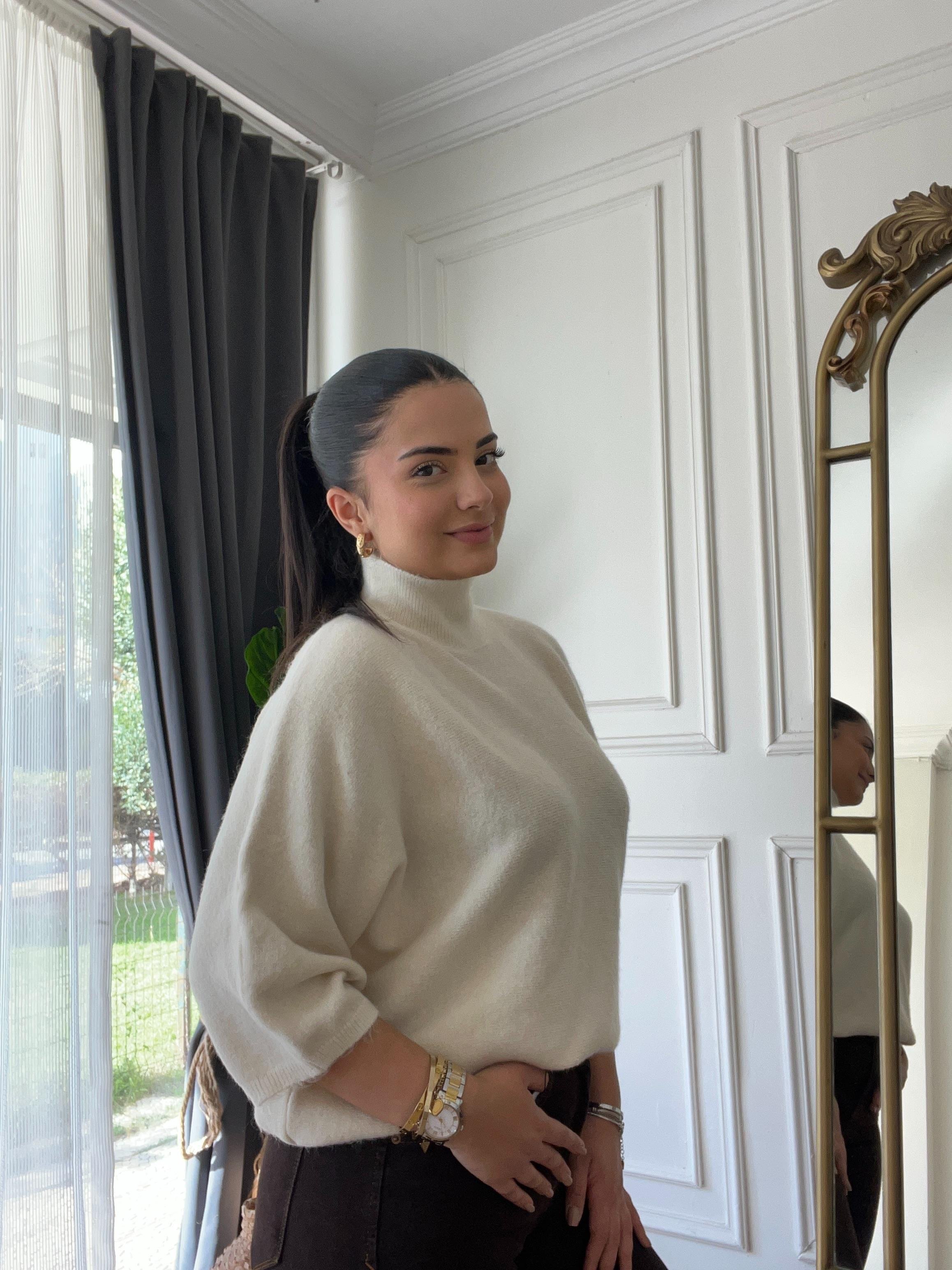 Yarım Kol Boğazlı Yumoş Kazak Krem Rengi