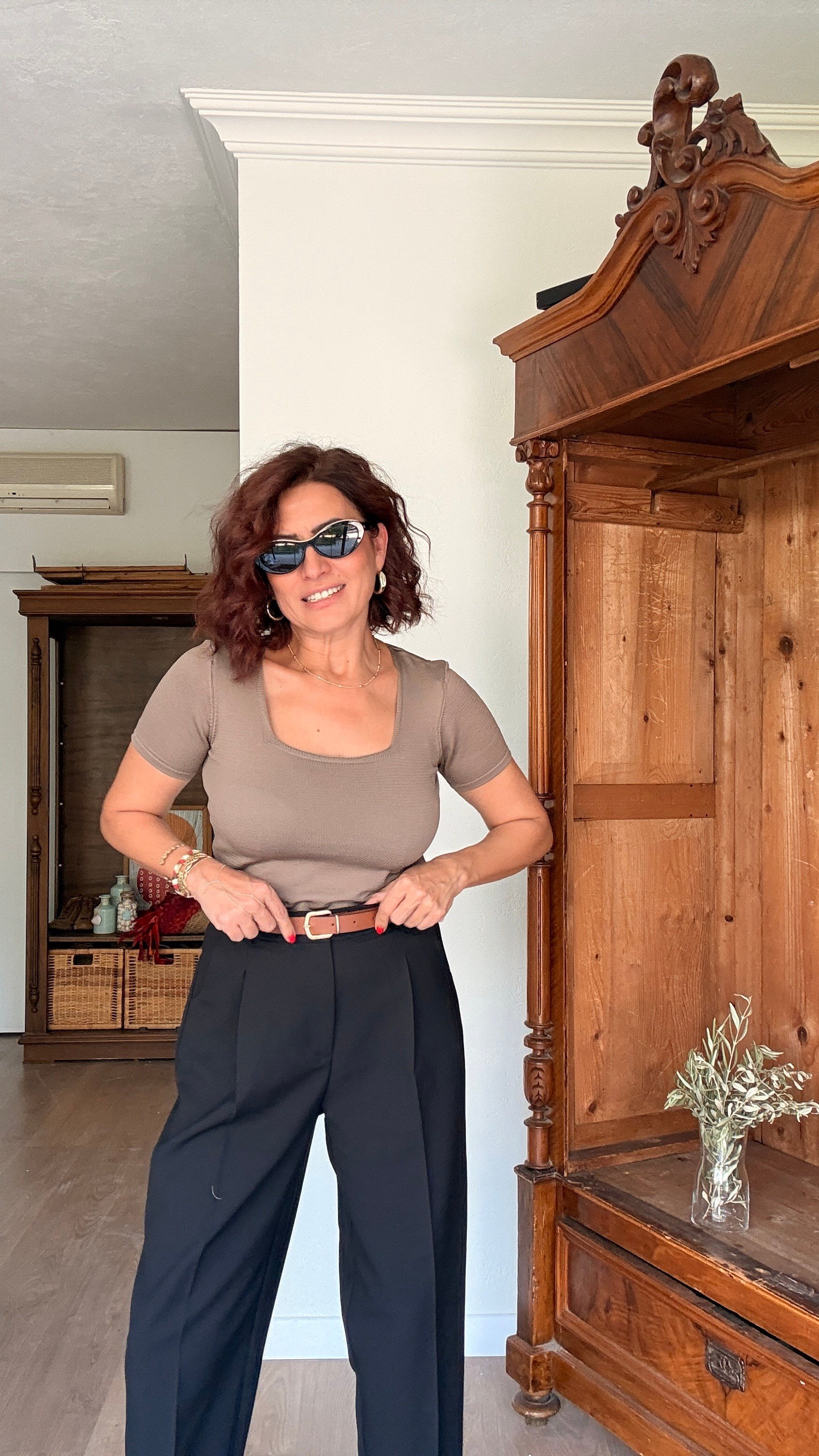 Yarım Kollu Kare Yaka Triko Koyu Vizon