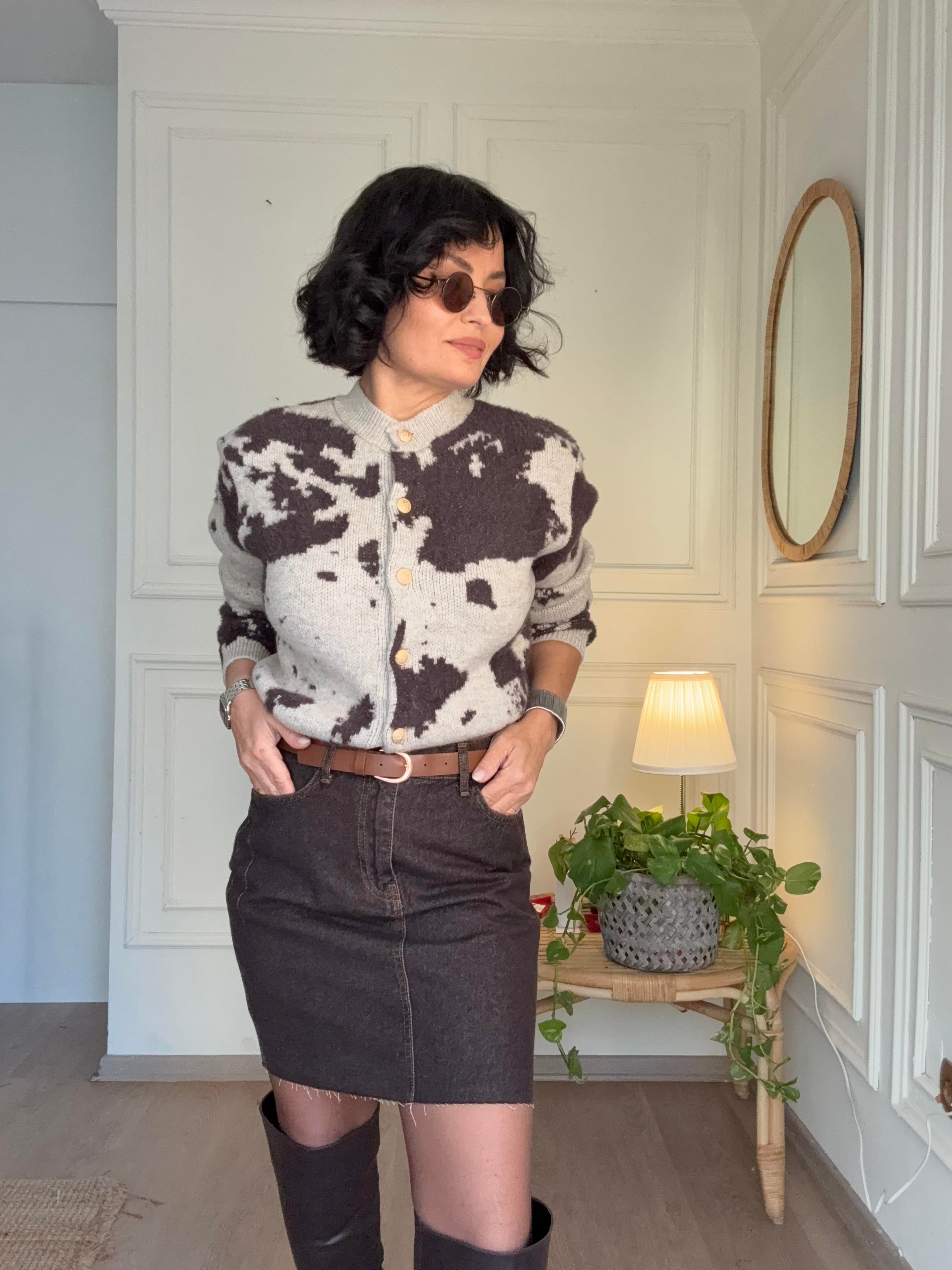 Yüksek Bel Kemerli Denim Etek Kahverengi