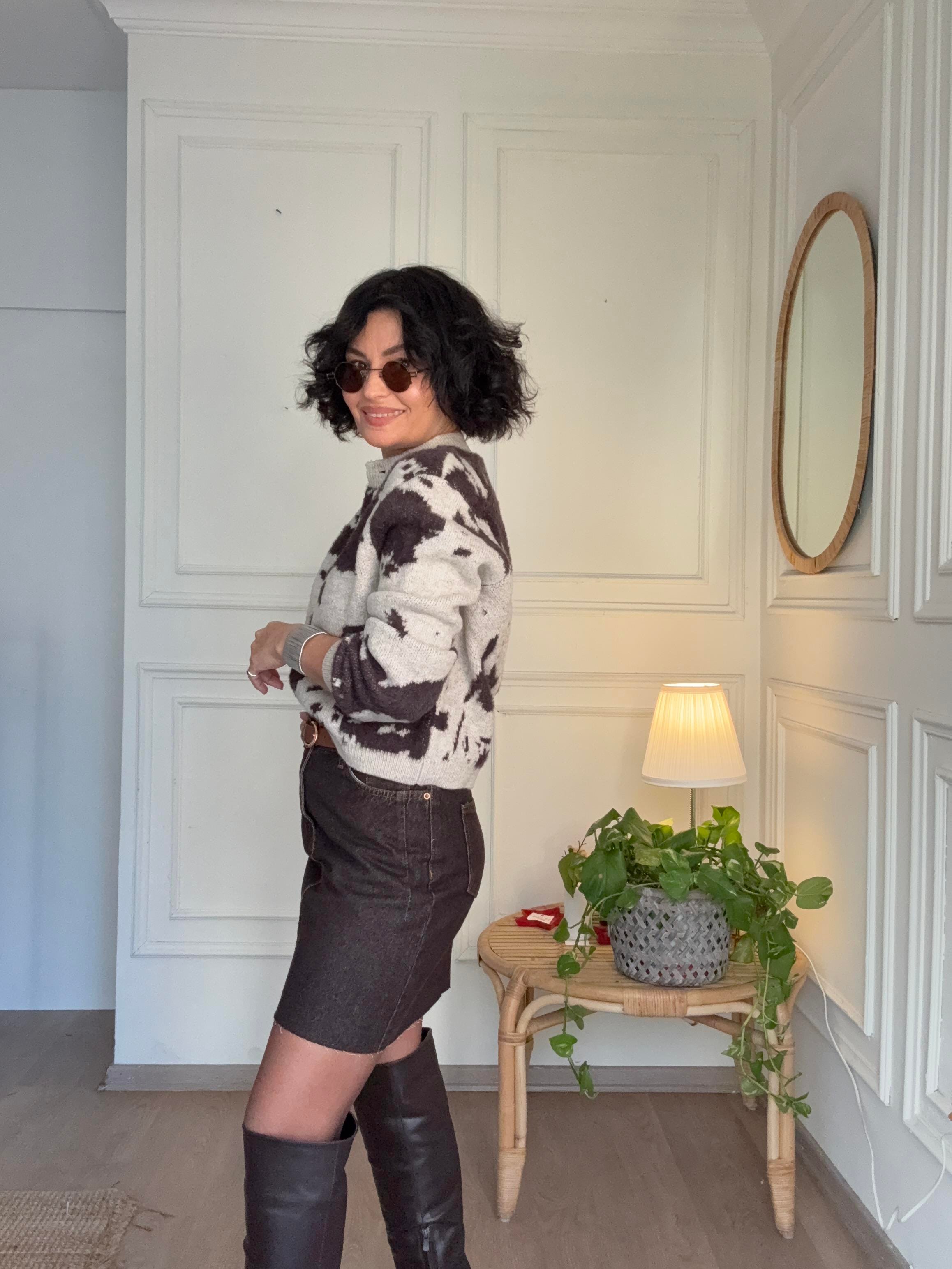 Yüksek Bel Kemerli Denim Etek Kahverengi