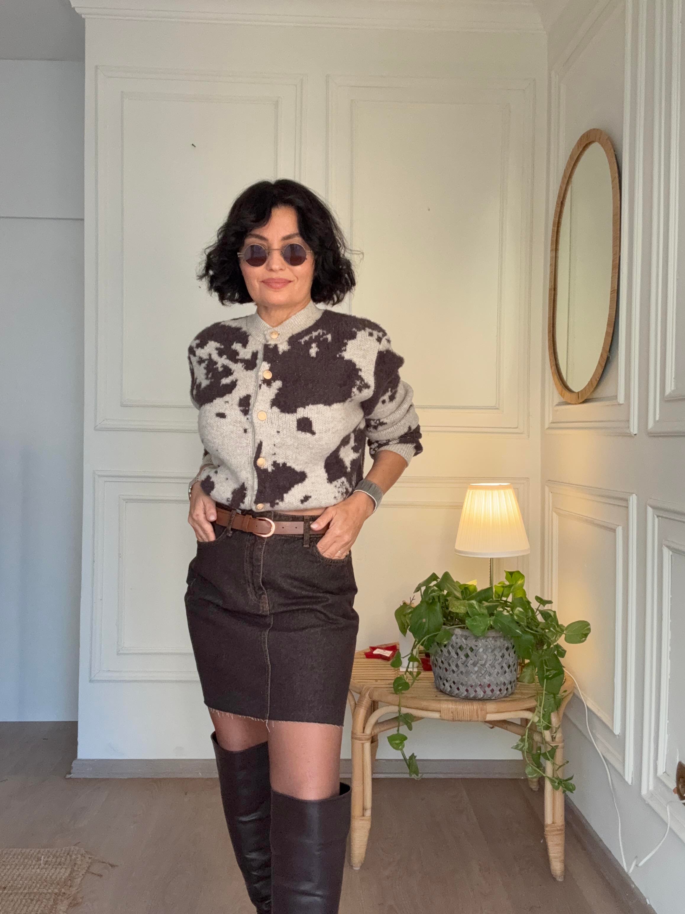 Yüksek Bel Kemerli Denim Etek Kahverengi