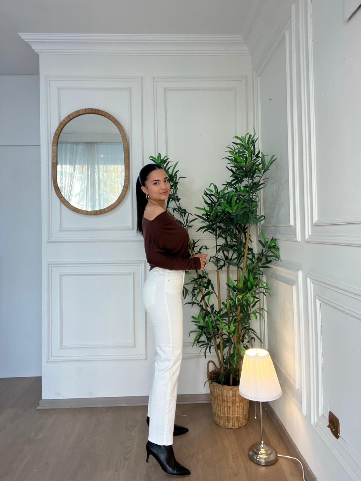 Yüksek Bel Likralı Mom Jean Ekru