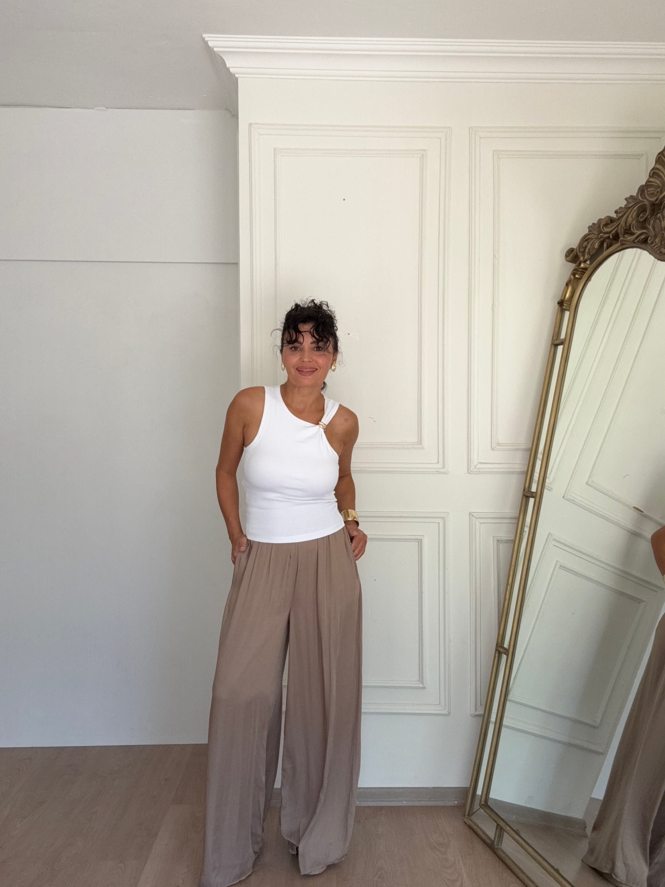 Zra salaş saten pantolon taş rengi