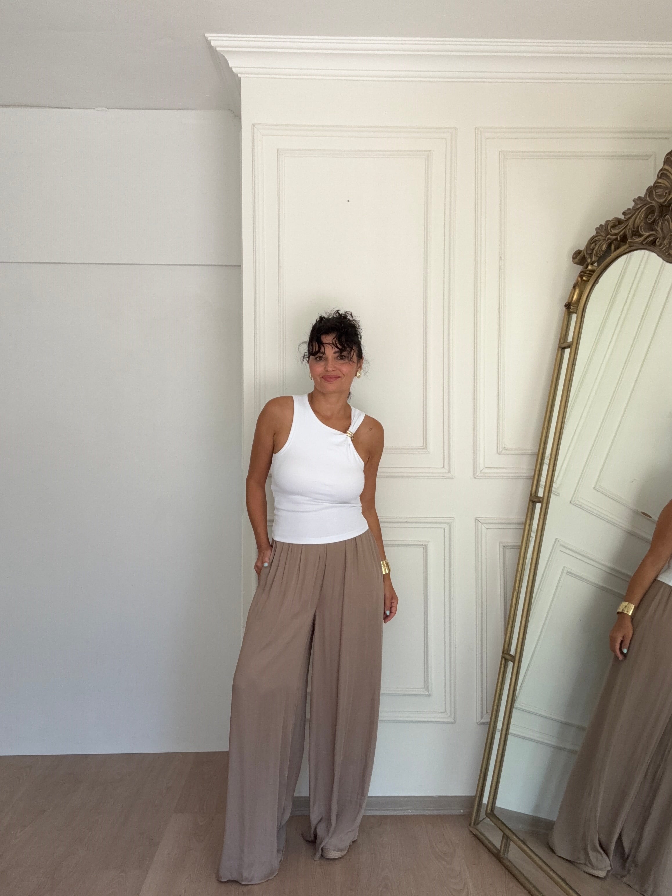 Zra salaş saten pantolon taş rengi