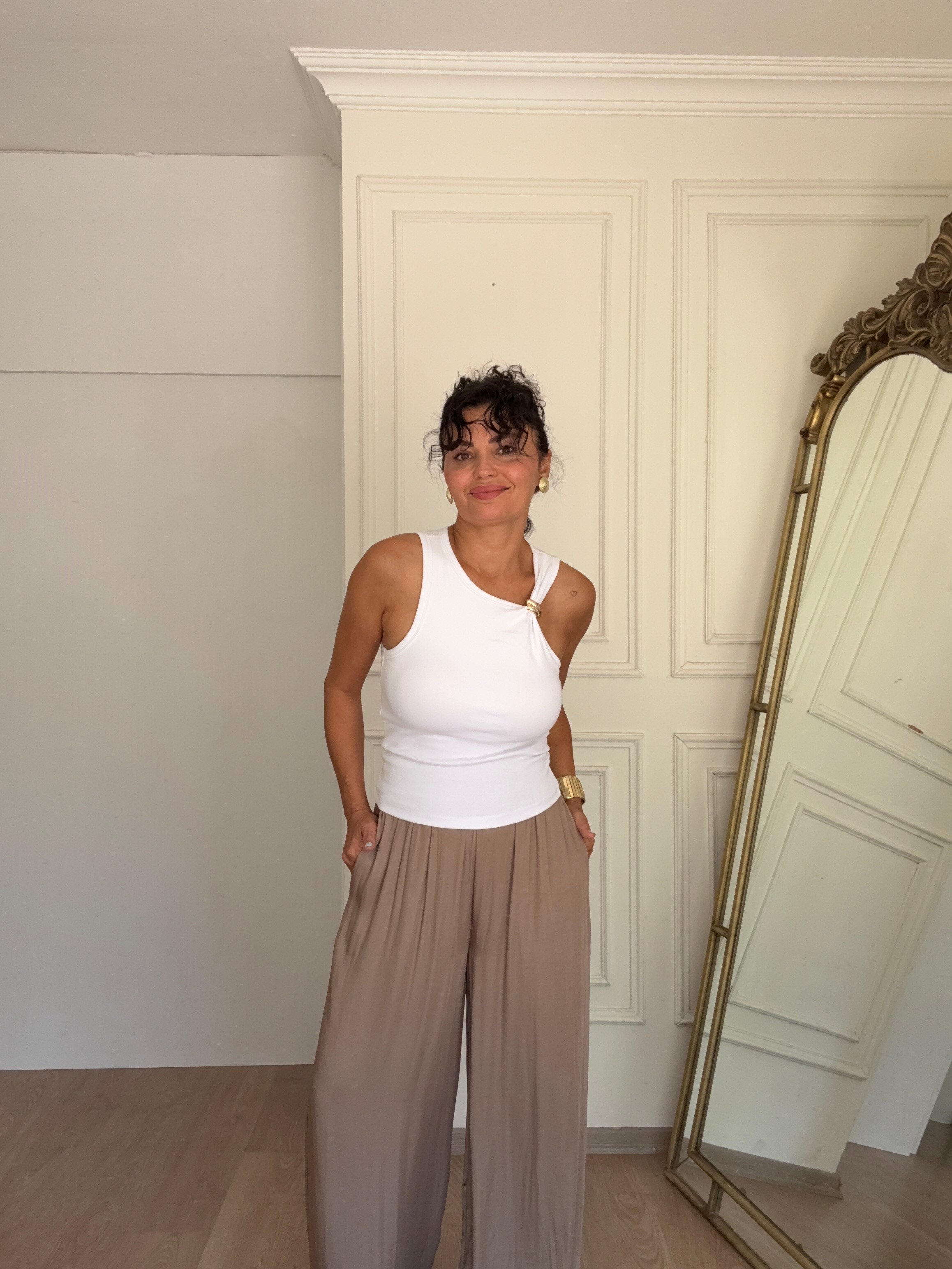 Zra salaş saten pantolon taş rengi