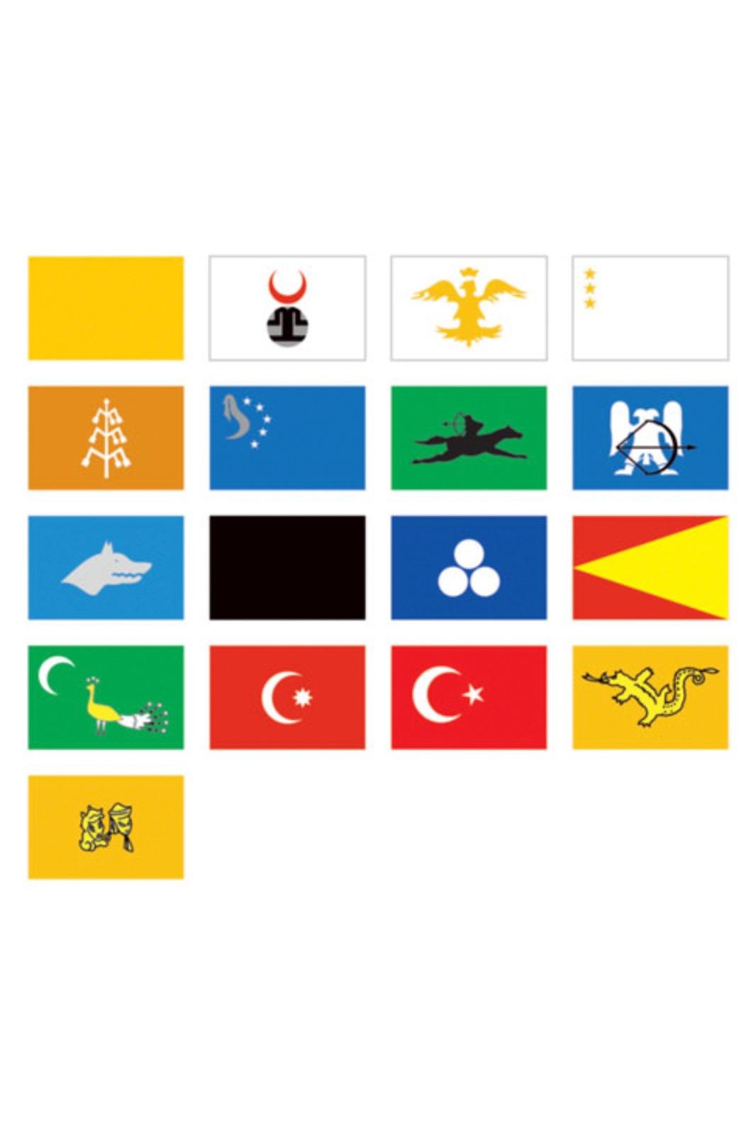 17'li Eski Türk Devletleri Bayrakları Seti (17 Türk Bayrağı) Ahşap Kaide Set