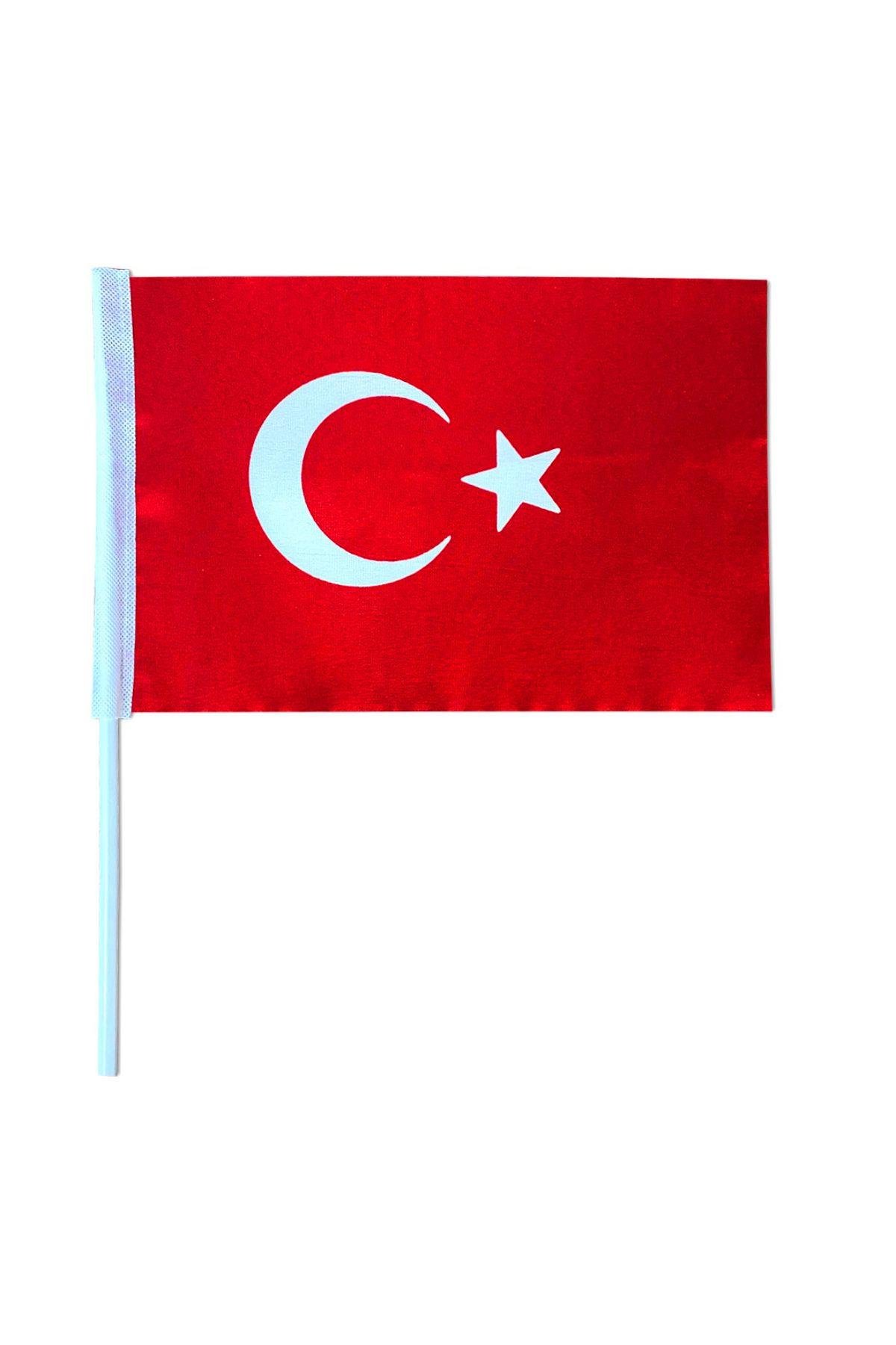 Sopalı Türk Bayrağı 20x30 cm (20 Adet) 1.Kalite Alpaka Kumaş