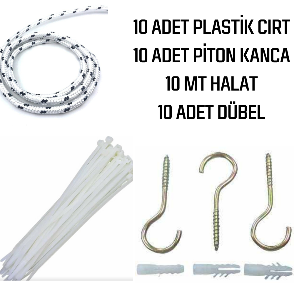 Balkon Filesi Montaj Seti - 10'lu Paket - Piton Kanca - Plastik Dübel - Kelepçe - Halat
