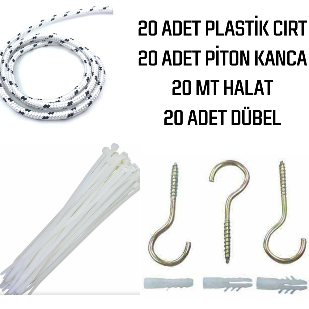 Balkon Filesi Montaj Seti - 20'li Paket - Piton Kanca - Plastik Dübel - Kelepçe - Halat