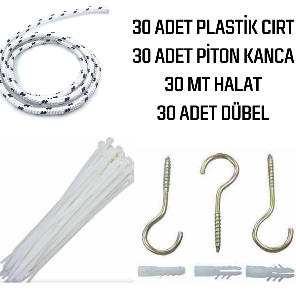 Balkon Filesi Montaj Seti - 30'lu Paket - Piton Kanca - Plastik Dübel - Kelepçe - Halat