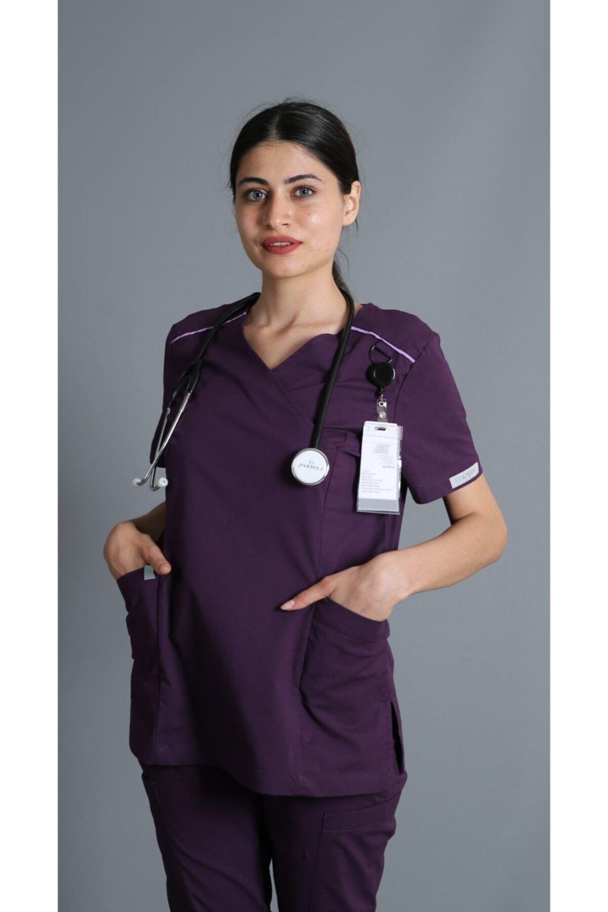 MM922-927 - Kruvaze Yaka Fit Cerrahi Takım - Mor