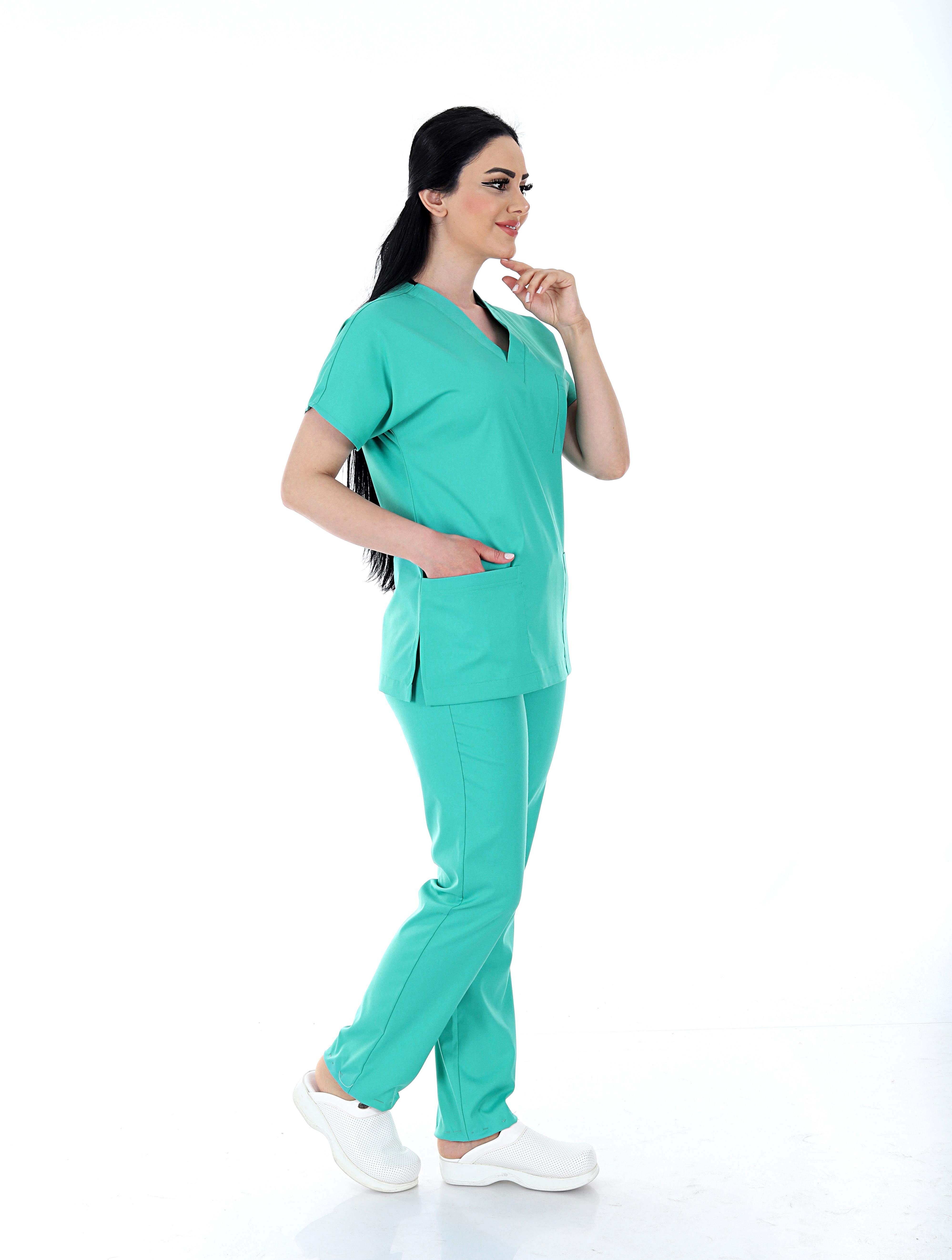 MÜNİH V Yaka Likralı Doktor Hemşire Cerrahi Takım Üniforma - Yeşil