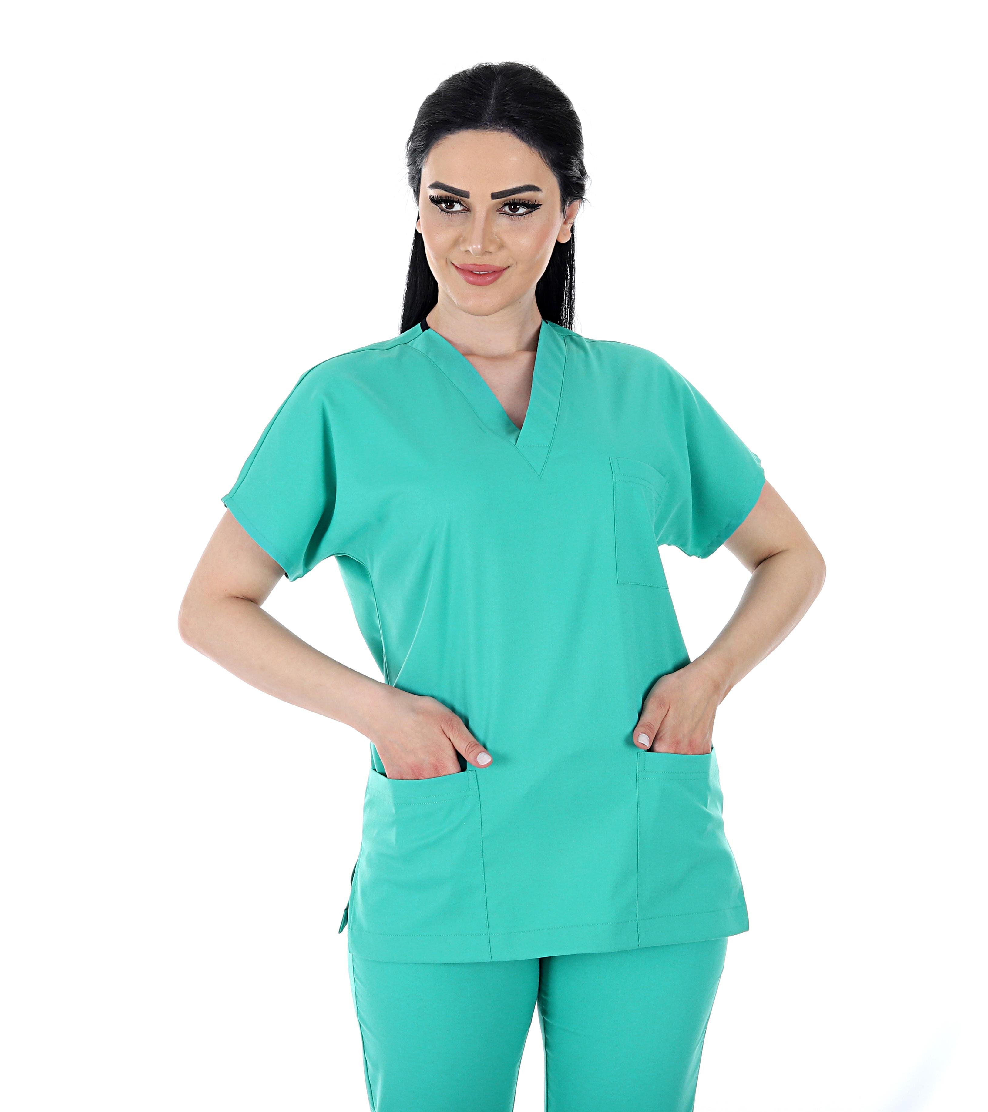 MÜNİH V Yaka Likralı Doktor Hemşire Cerrahi Takım Üniforma - Yeşil