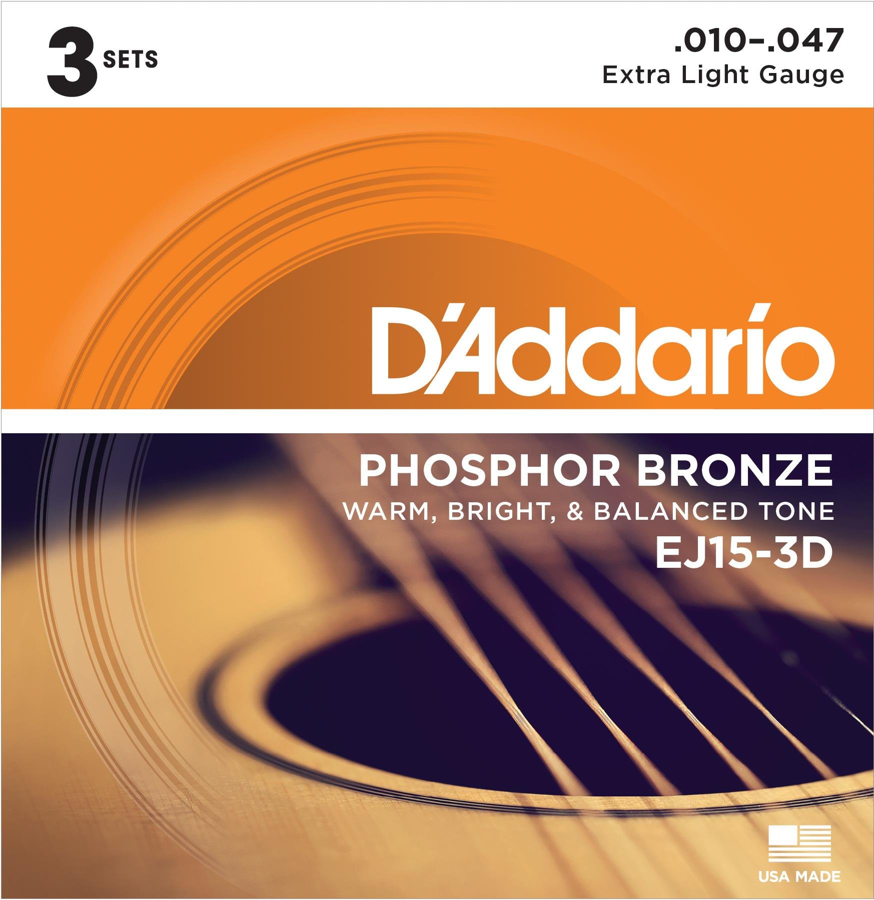 DADDARIO EJ15-3D AKUSTİK GİTAR TEL SETİ, 3'LÜ PAKET, 10-47, PHOSPHOR BRONZE, EXTRA LIGHT