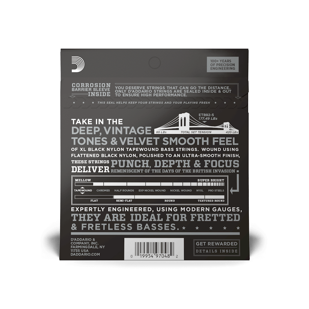 DADDARIO ETB92 BASS GİTAR TEL SETİ, 5 TELLİ, 50-105, XL NYLON TAPEWOUND, MEDIUM