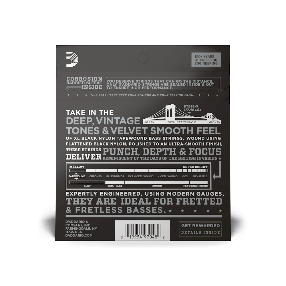 DADDARIO ETB92 BASS GİTAR TEL SETİ, 5 TELLİ, 50-105, XL NYLON TAPEWOUND, MEDIUM