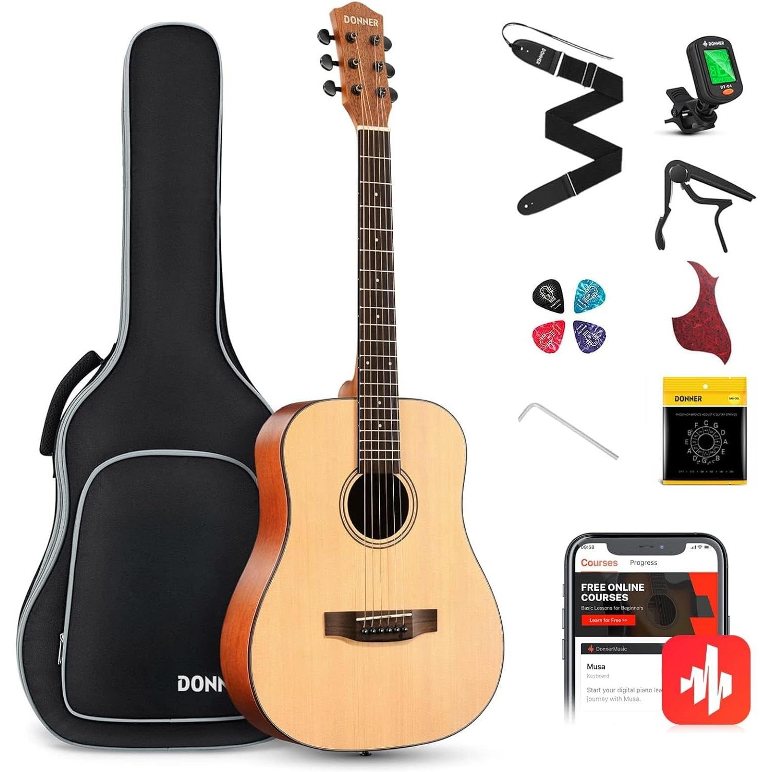 Donner DAT-110D Dreadnought Travel Akustik Gitar Seti (Siyah)