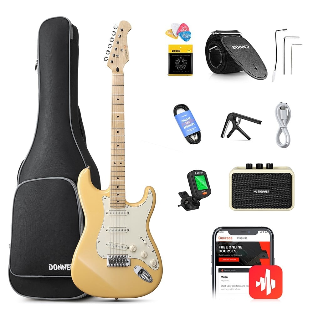 Donner DST Seeker Deluxe Amfili Elektro Gitar Seti (Vintage Yellow)