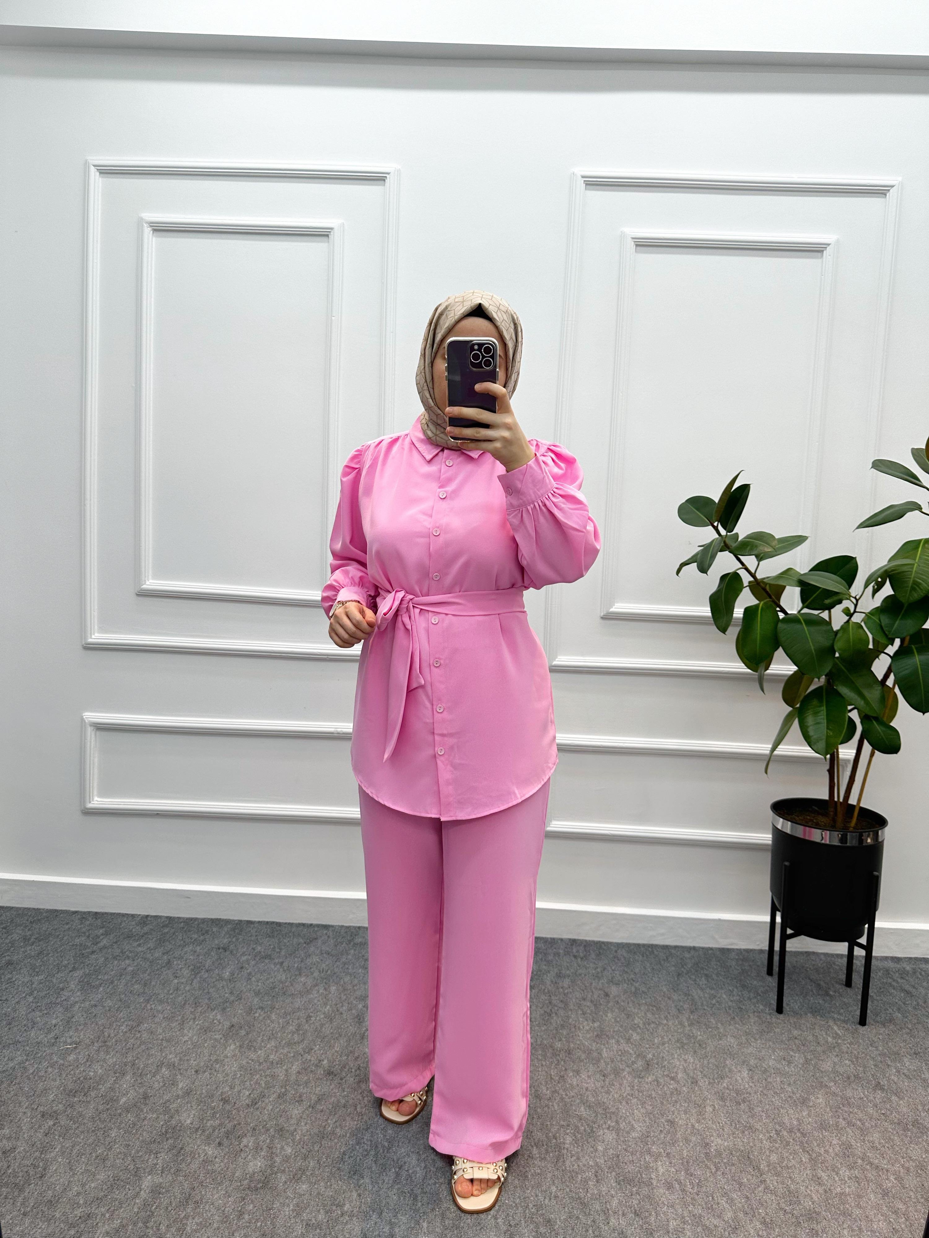 Double Krep Kumaş İkili Takım Pembe