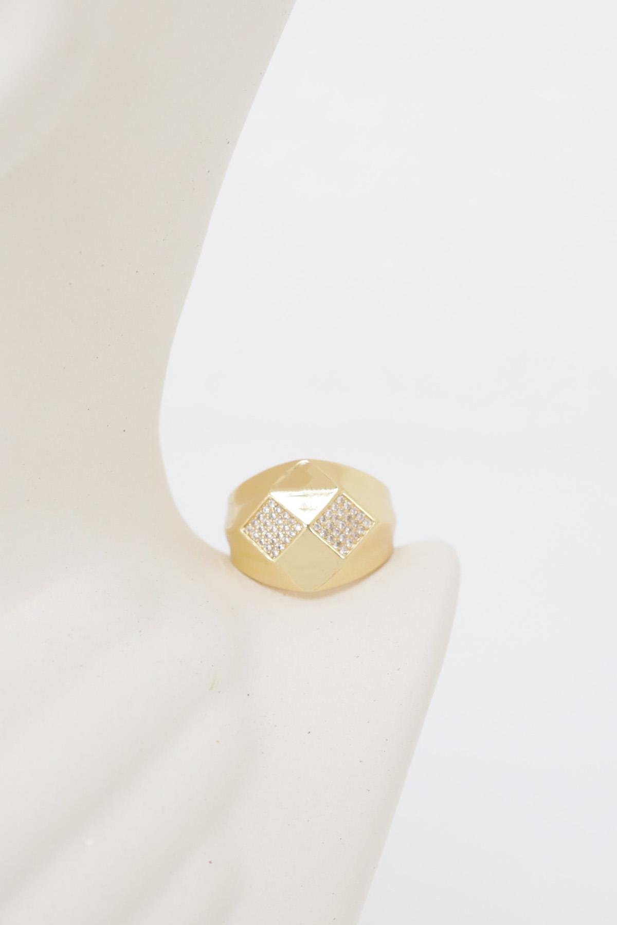 Geometrik Tasarım Taşlı Ayarlanabilir Gold Yüzük