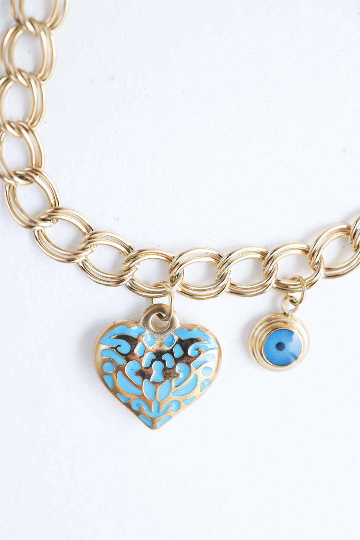İkili Charm Detaylı Gold Çelik Bileklik