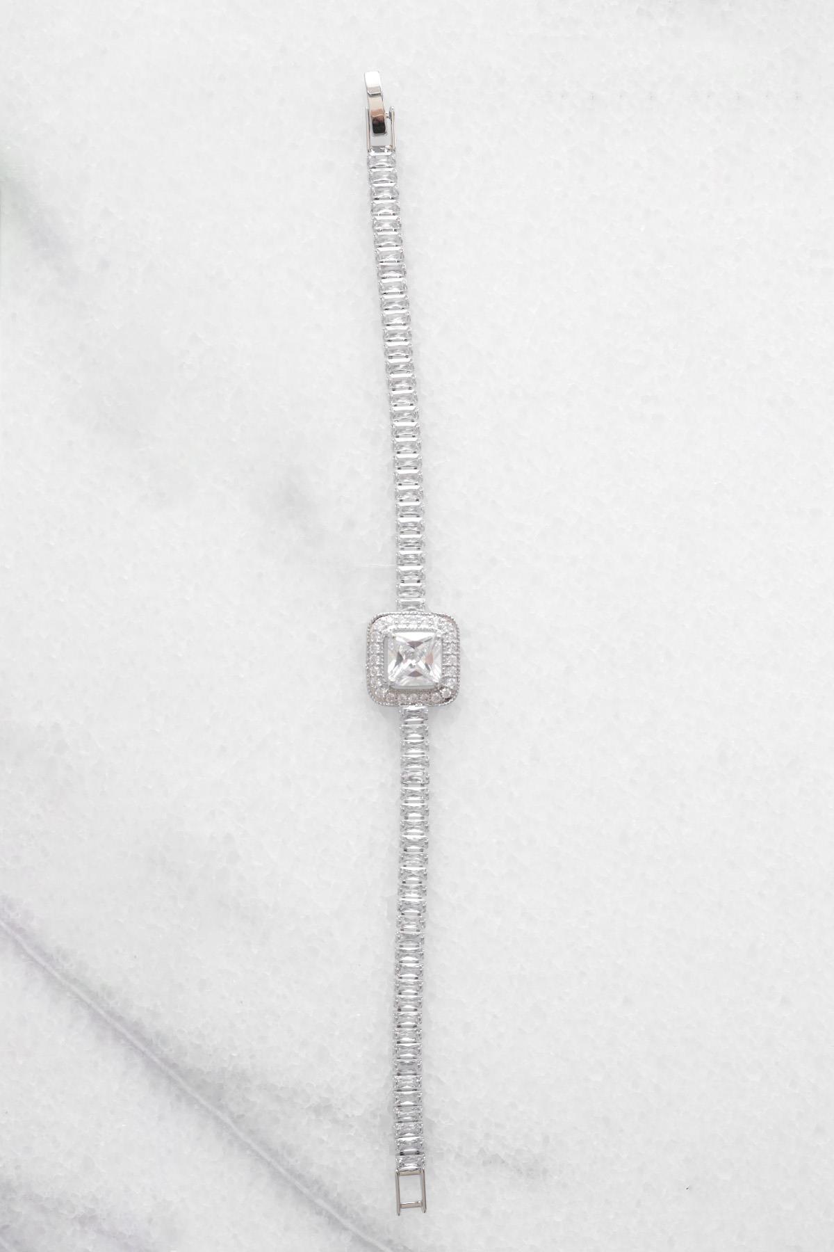 Kristal Kare Parıltılı Silver Bileklik