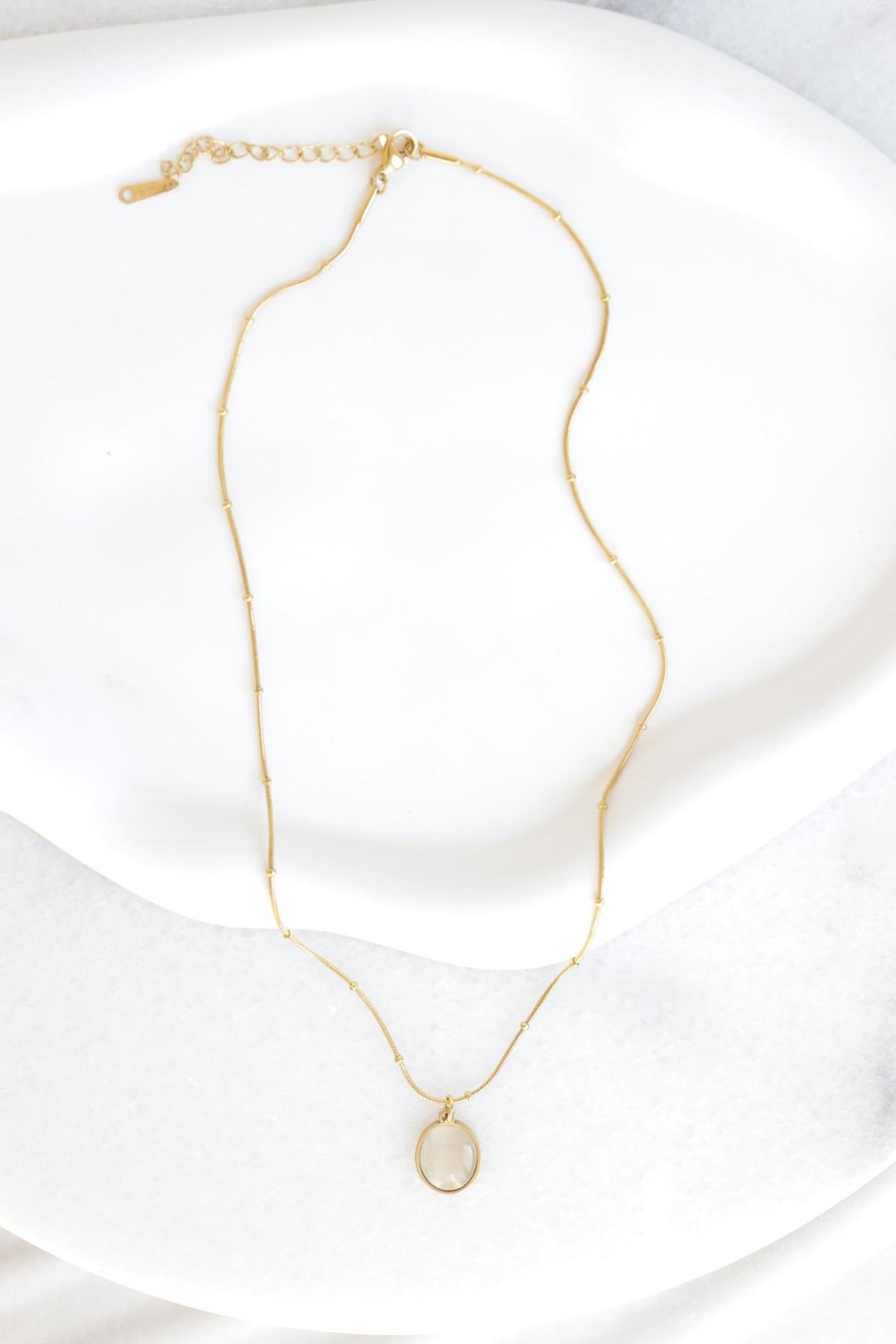 Oval Taşlı Rose Gold Çelik Kolye