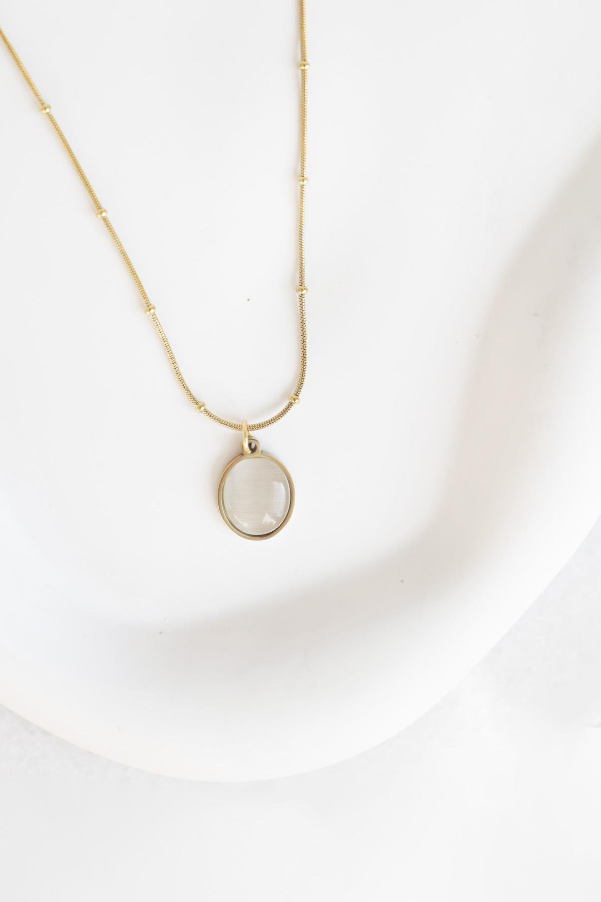 Oval Taşlı Rose Gold Çelik Kolye