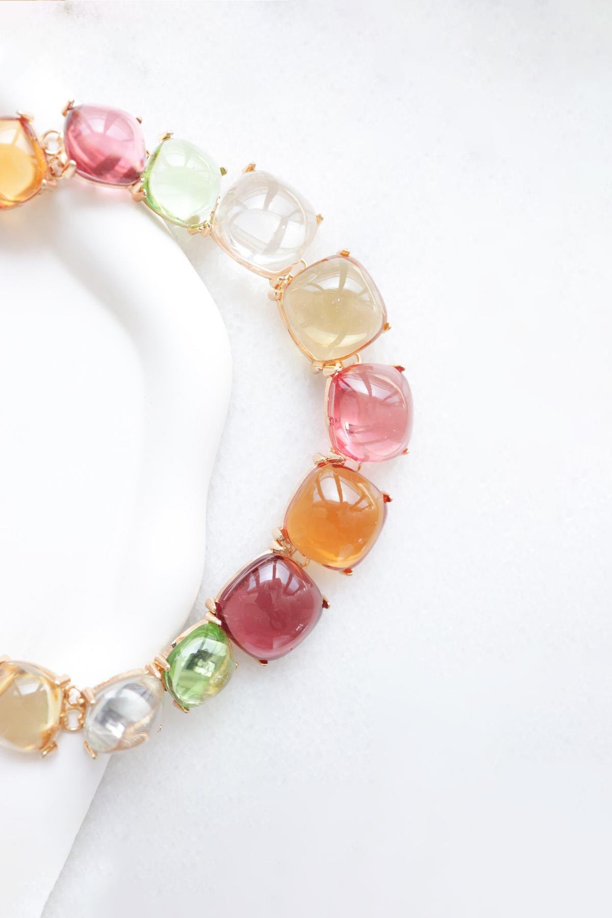Renkli Taşlı Çelik Rose Gold Kolye