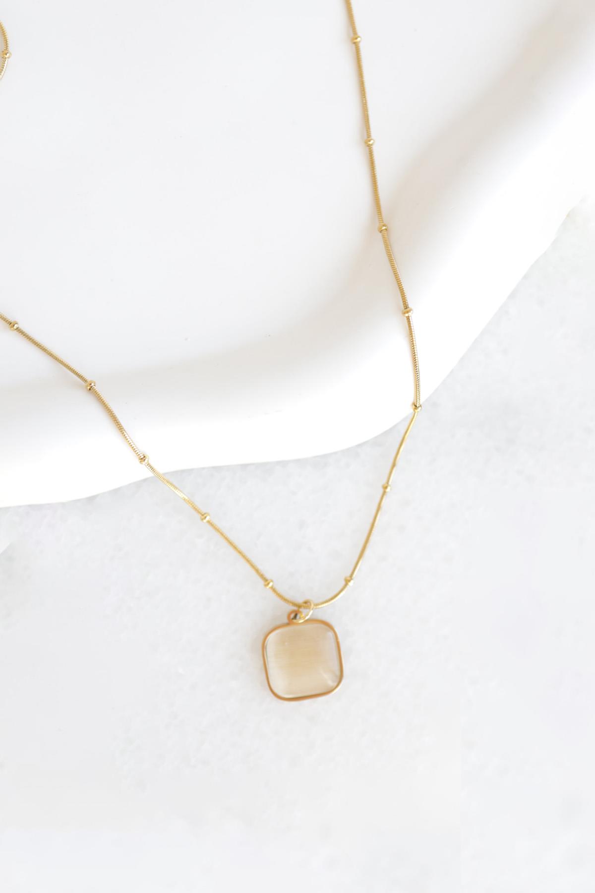 Taşlı Rose Gold Çelik Kolye