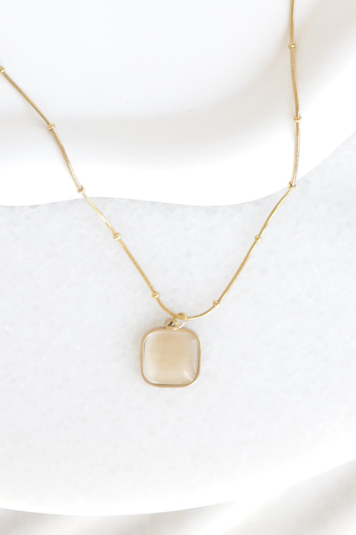 Taşlı Rose Gold Çelik Kolye