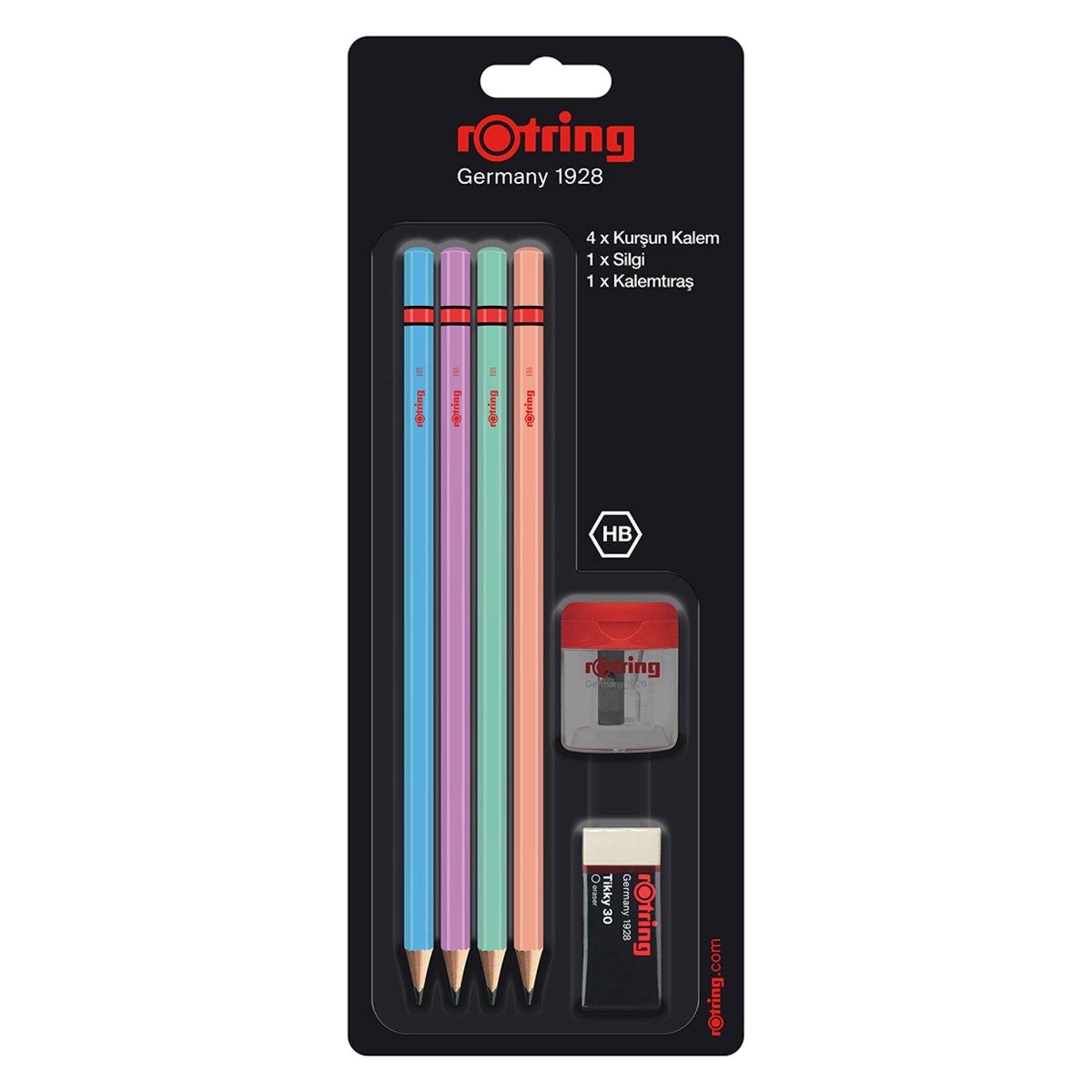 Rotring Metalik Kurşun Kalemi  Seti, 4 adet Metalik kurşun kalemi + Silgi + Kalemtraş