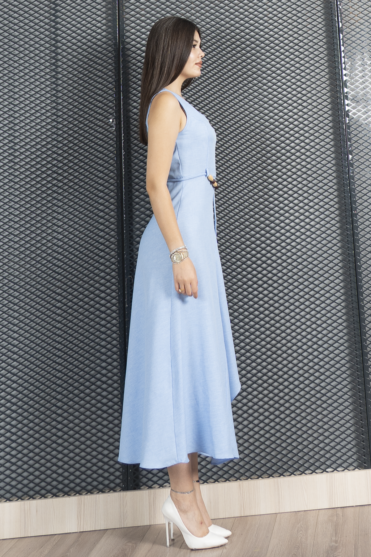 Asimetrik Kesim Kare Yaka İp Kuşak Detaylı Elbise 50323