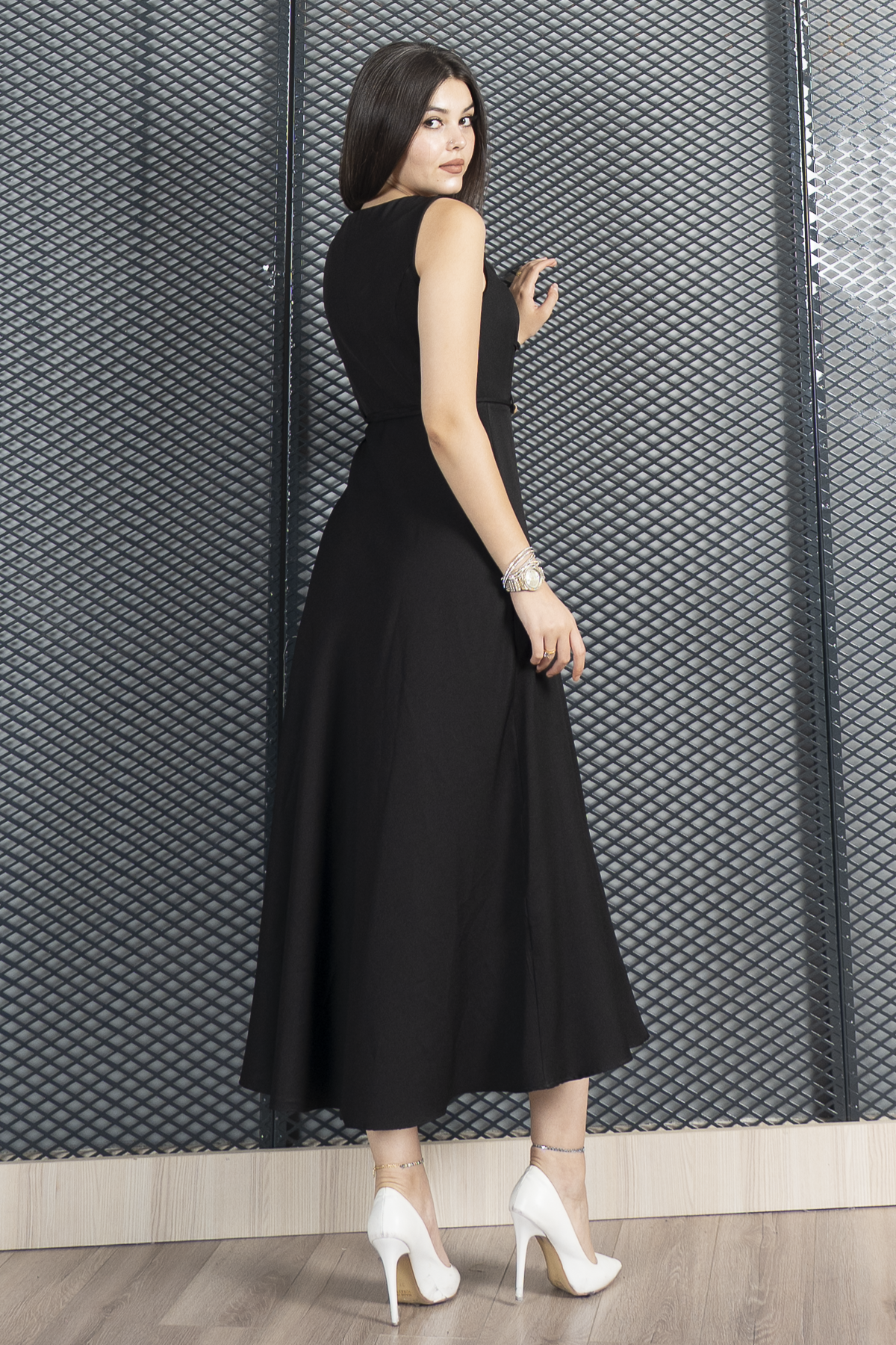 Asimetrik Kesim Kare Yaka İp Kuşak Detaylı Elbise 50323