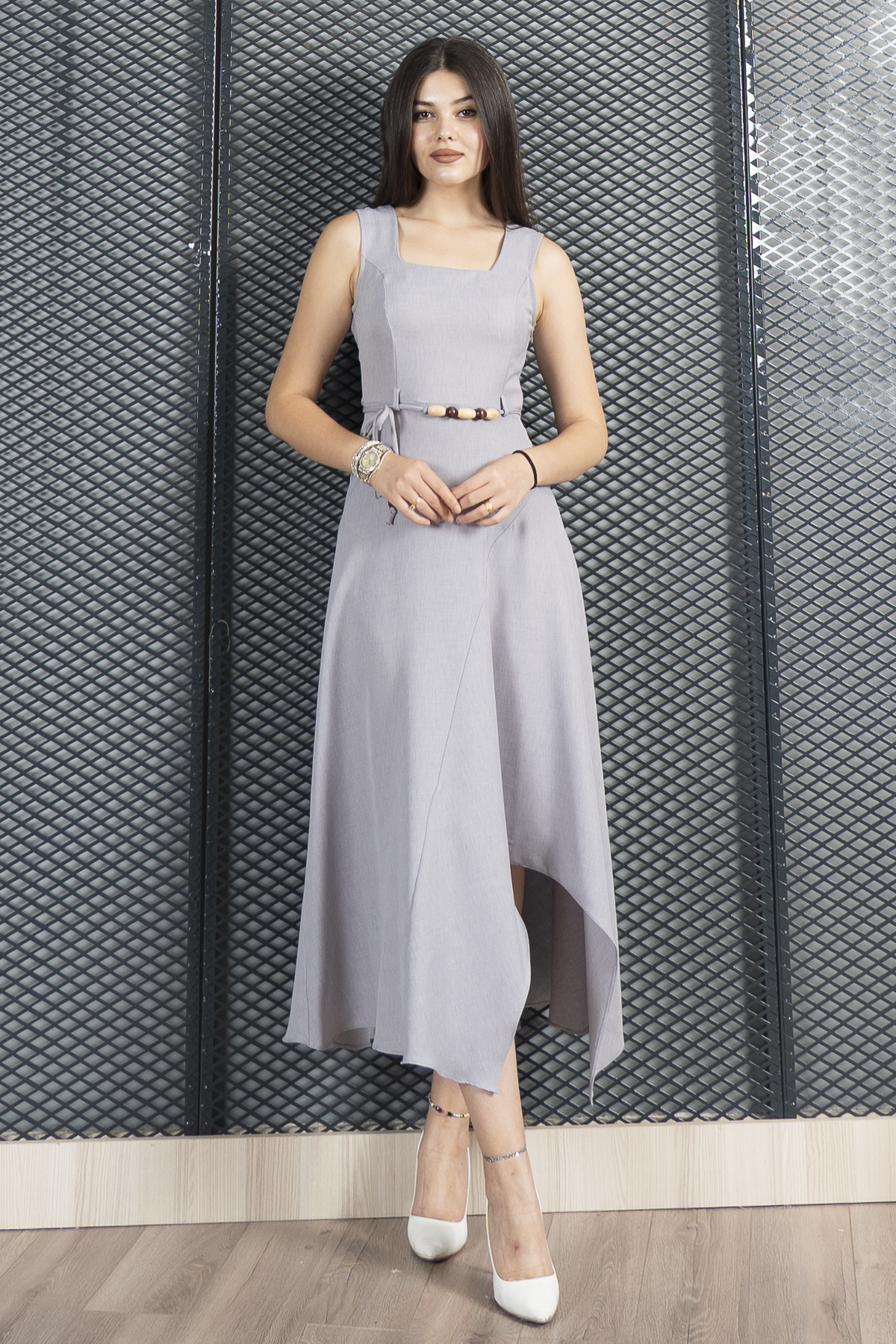 Asimetrik Kesim Kare Yaka İp Kuşak Detaylı Elbise 50323