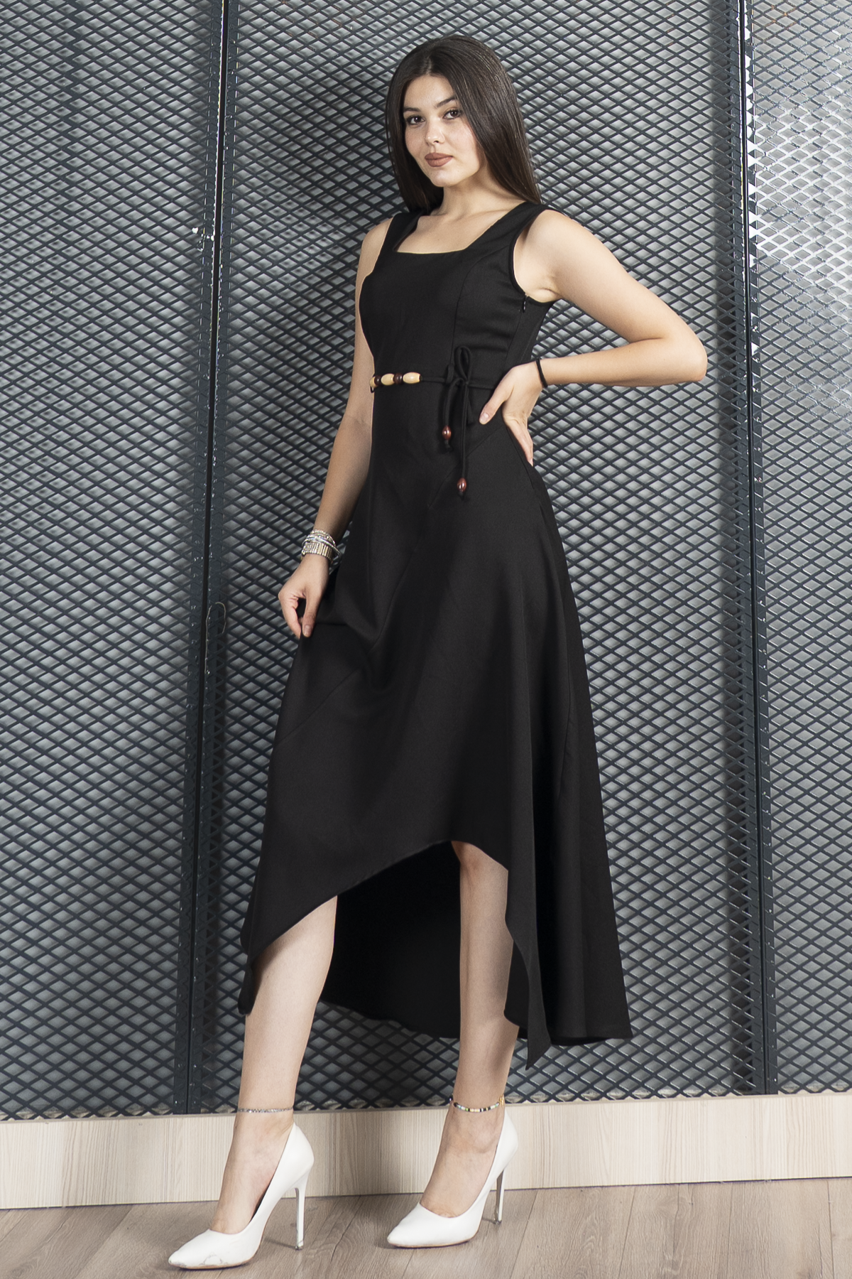 Asimetrik Kesim Kare Yaka İp Kuşak Detaylı Elbise 50323