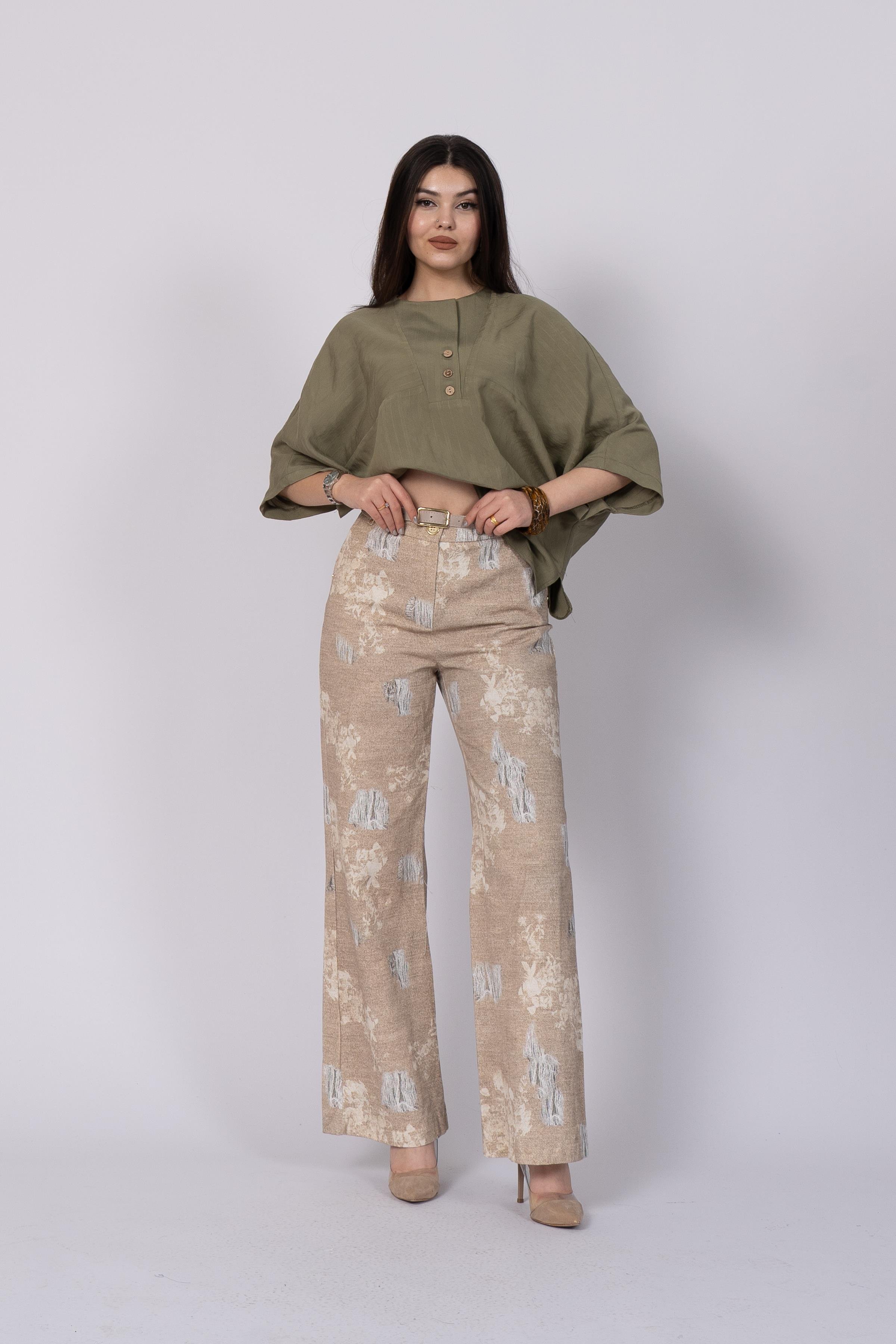 Baskılı Ve Yırtık Görünümlü Kemerli Bol Paça Pantolon 30248