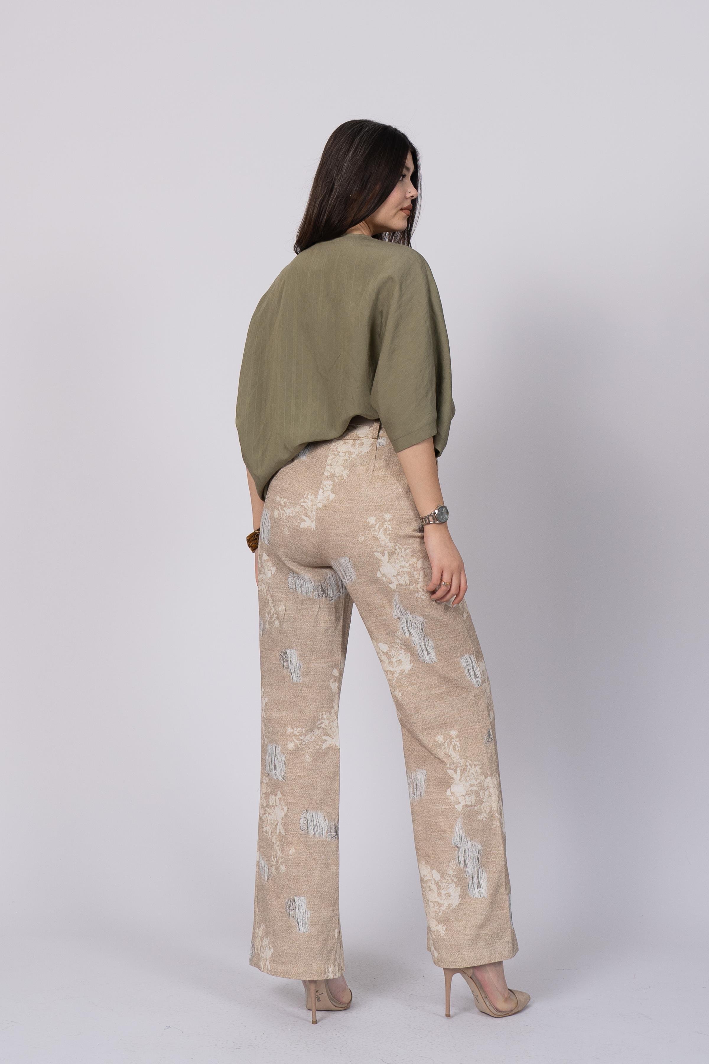 Baskılı Ve Yırtık Görünümlü Kemerli Bol Paça Pantolon 30248