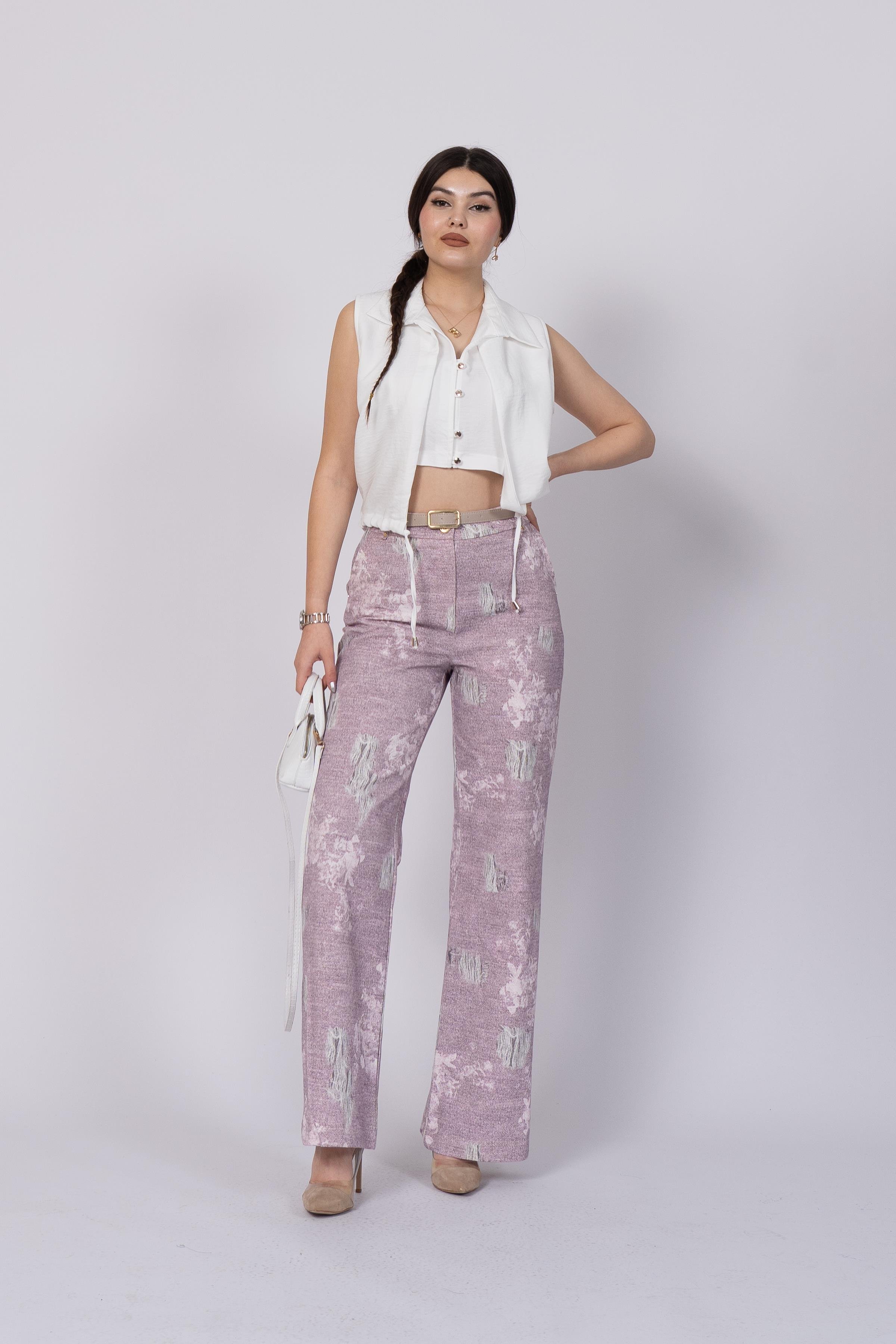 Baskılı Ve Yırtık Görünümlü Kemerli Bol Paça Pantolon 30248