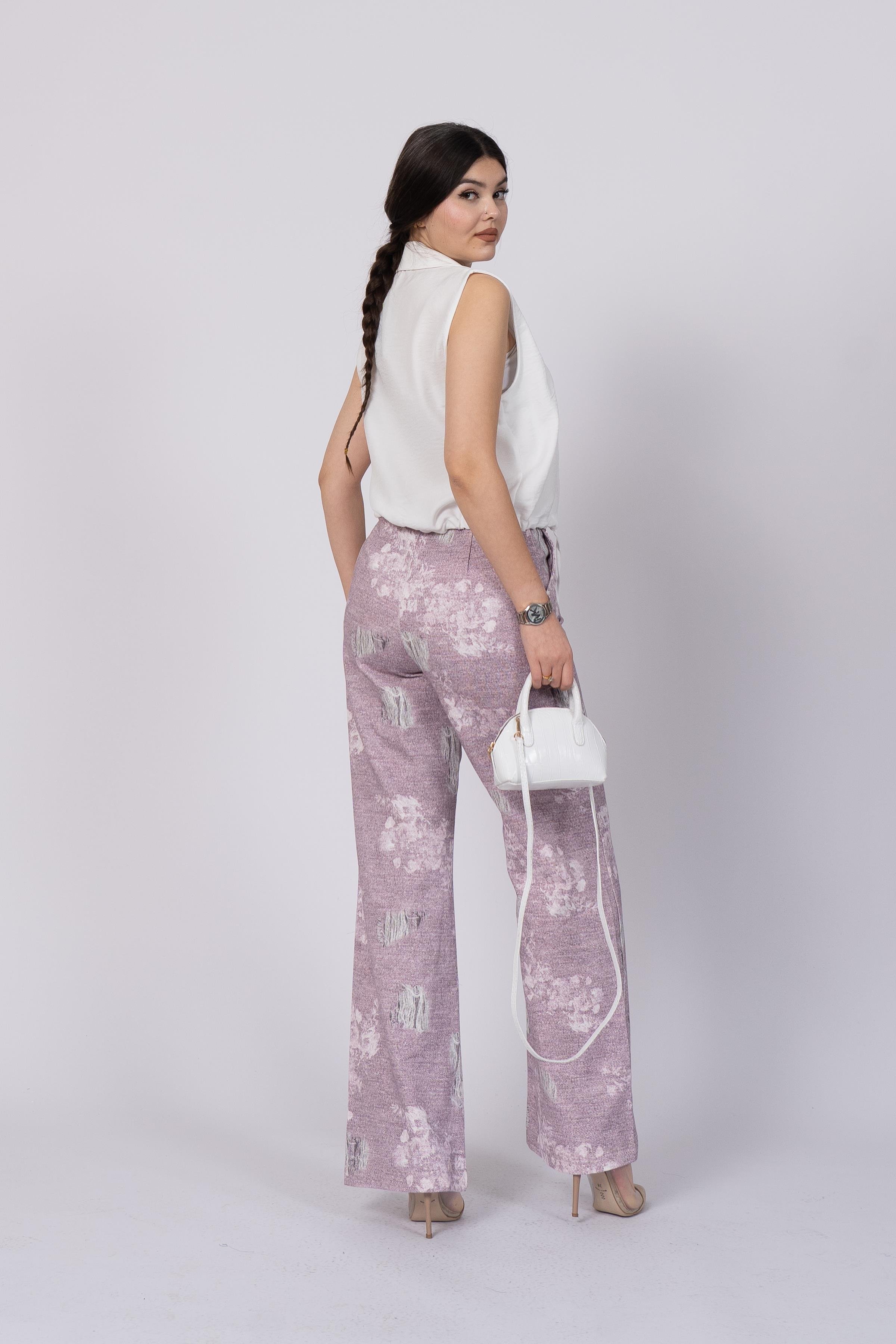 Baskılı Ve Yırtık Görünümlü Kemerli Bol Paça Pantolon 30248