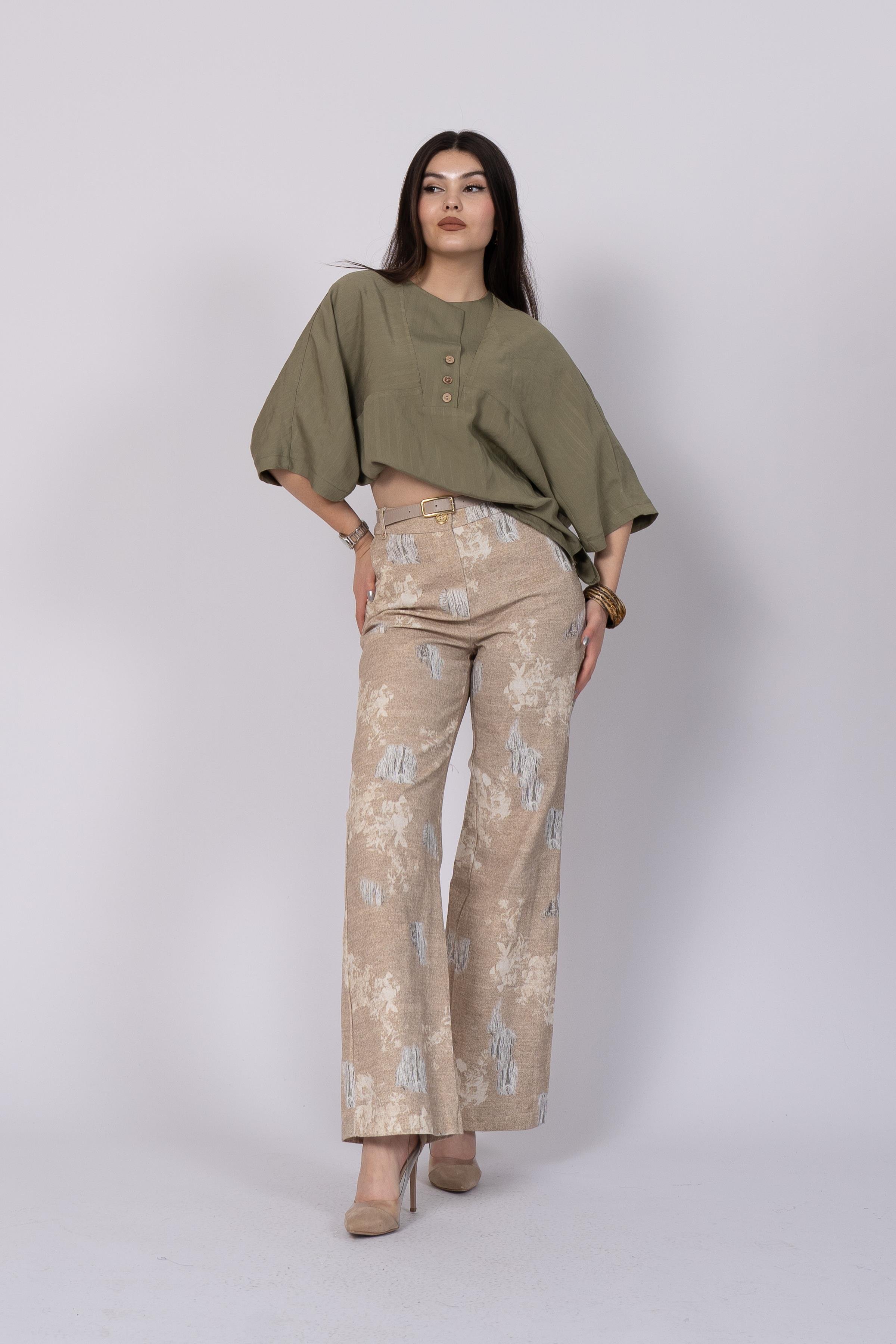 Baskılı Ve Yırtık Görünümlü Kemerli Bol Paça Pantolon 30248